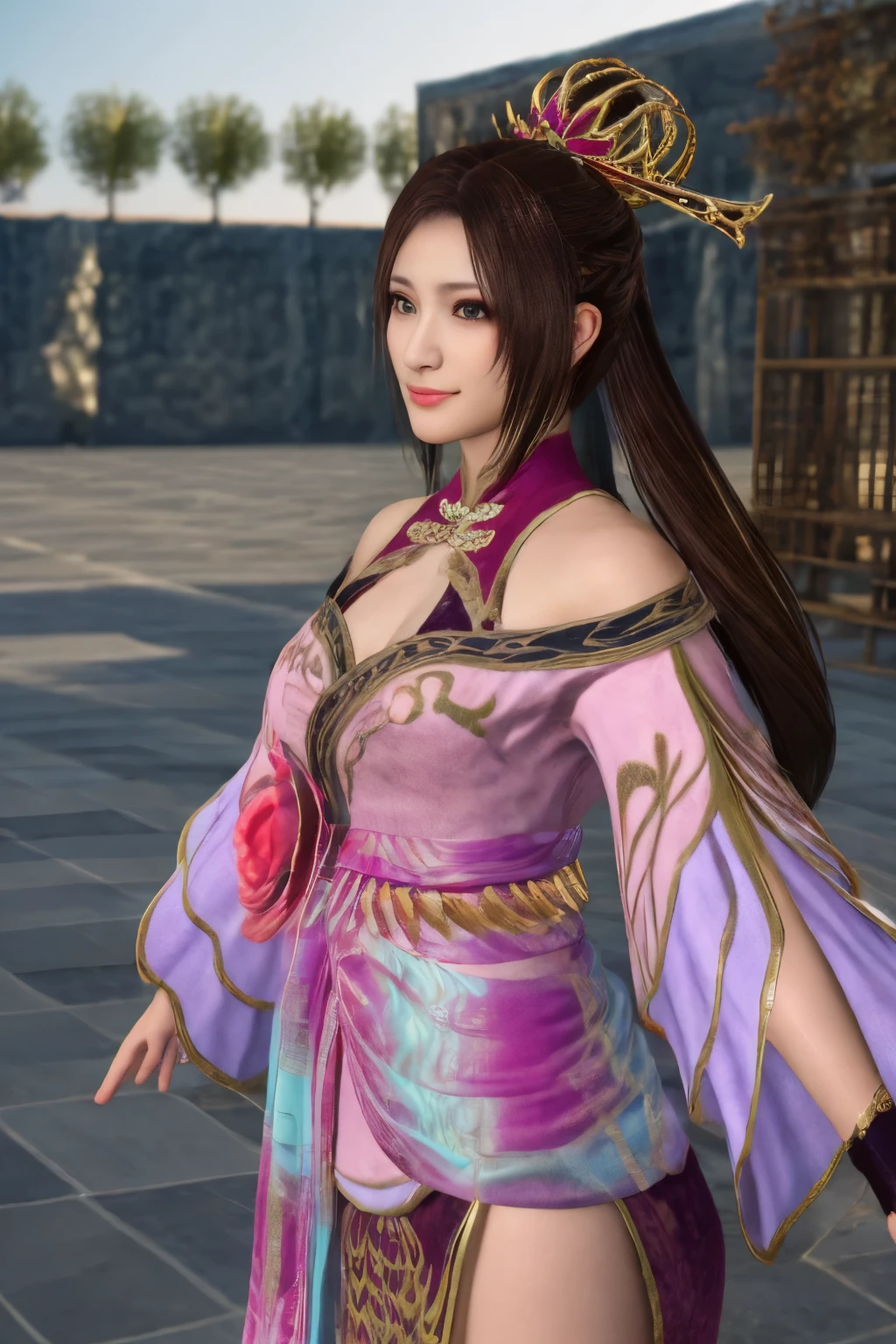 Diaochan from Sangoku Musou 8,masterpiece、1 kawaii girl、17-year-old high school student、smile,fine eyes、puffy eyes、Bright outdoor,Bright downtown、highest quality, 超High resolution, (reality: 1.4), movie lighting、Japanese、asian beauty、Korean、super beautiful、beautiful skin、body facing forward、whole body,Upper body、(超reality的な)、(High resolution)、(8K)、(very detailed)、(美しくfine eyes)、(Super detailed)、 (wall-)、detailed face、bright lighting、professional lighting、looking at the viewer、look straight ahead、slanted bangs、brown hair、Nogizaka idol、