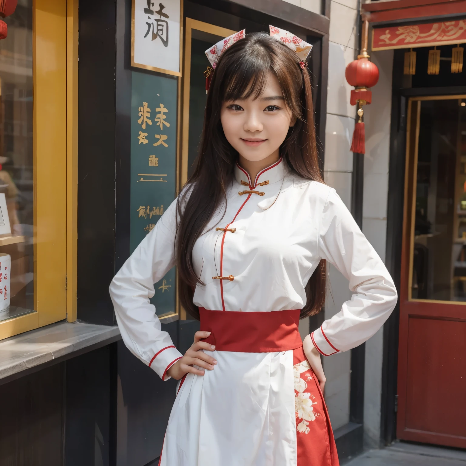 Cute Chinese Girl is smiling while posing (one hand on hips)