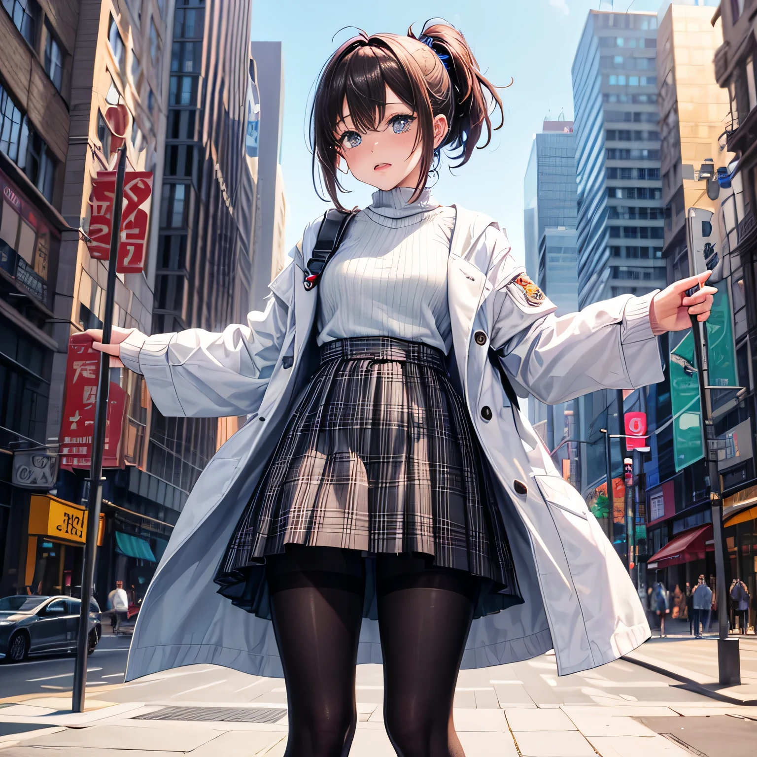1girl, ((girl)) 、1 person、small face、 ((雪のnight)) 、night、in the city、Skyscraper,20-year-old、 (cry:1.5) 、white coat、white sweater、((plaid skirt)) 、((black pantyhose:1.5)) 、Brown snow boots, (princess cut), (bob cut)、(medium hair)、(ponytail:1.5) 、brown hair 、standing pose、