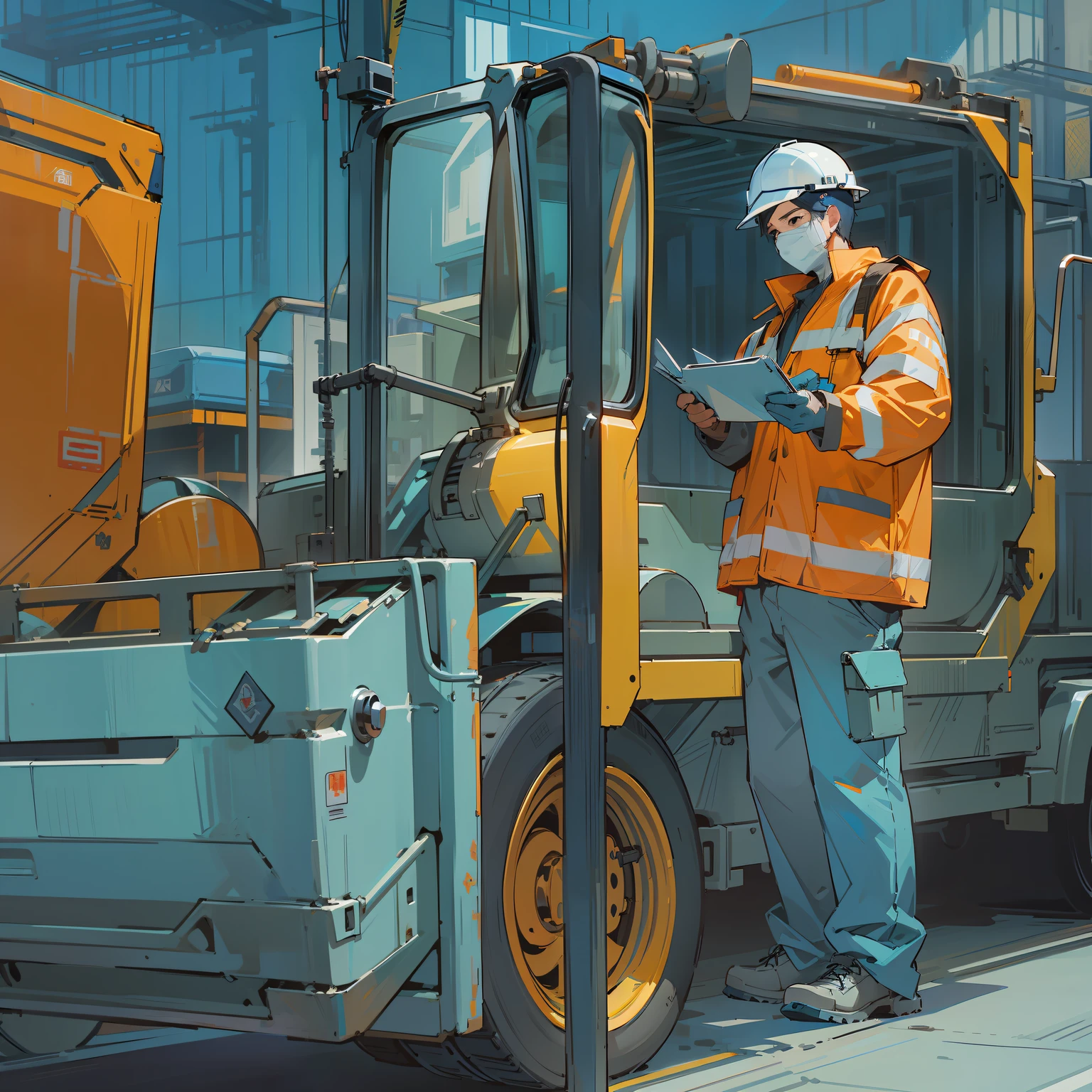Blue construction site gate，of a guy，He wears a red hard hat，Wear a reflective vest，A truck is being stopped for inspection。Illustration style。