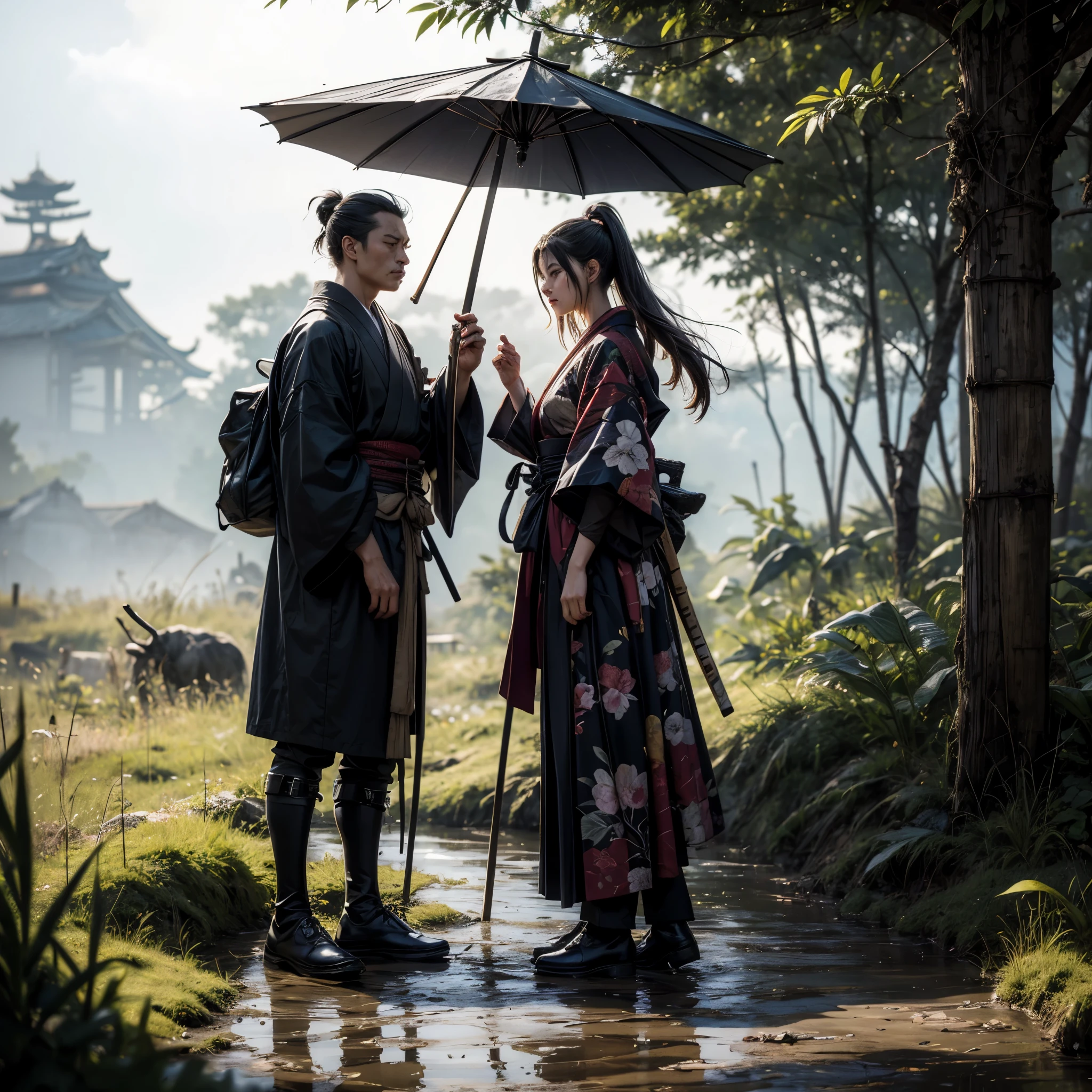 black and white Samurai girl holding a big umbrella,smoking a cigarrete with a bunch of black shadows behinds him,long hair,heavy fog,wind,night,highnoon,bamboo,grass on the ground,mud on the ground,film grain,black and white,traditional japanese art,oriental,cinematic,gweiz,sekiro,ghost of tsushima,handmade,art nouveau,detailed