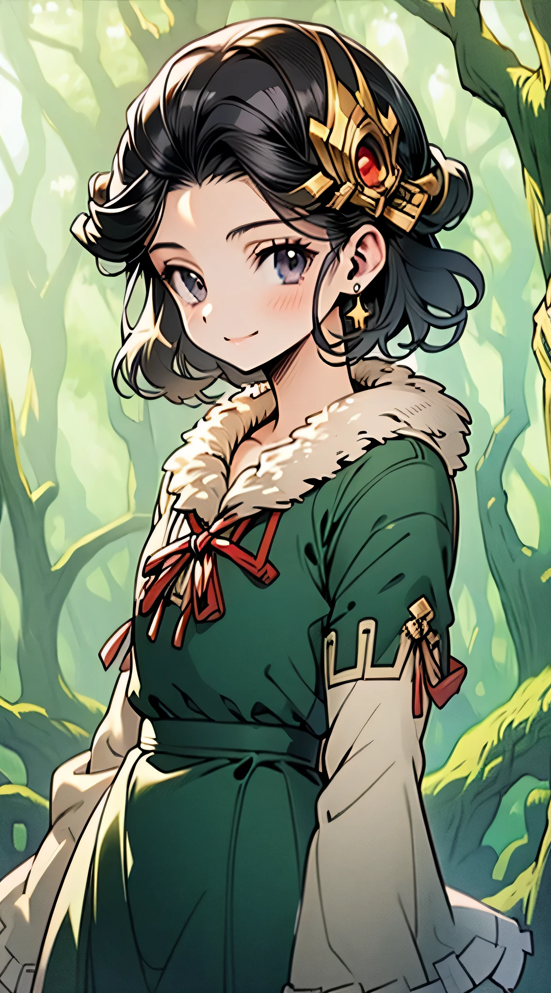 anime screencap, 1 girl, solo, black hair, short hair, green dress, hair hornament, dreadlocks, forehead, outdoors, forest, bird in hand, full body, cowboy shot, subtle smile masterpiece, high res, detailed face, detailed eyes,
