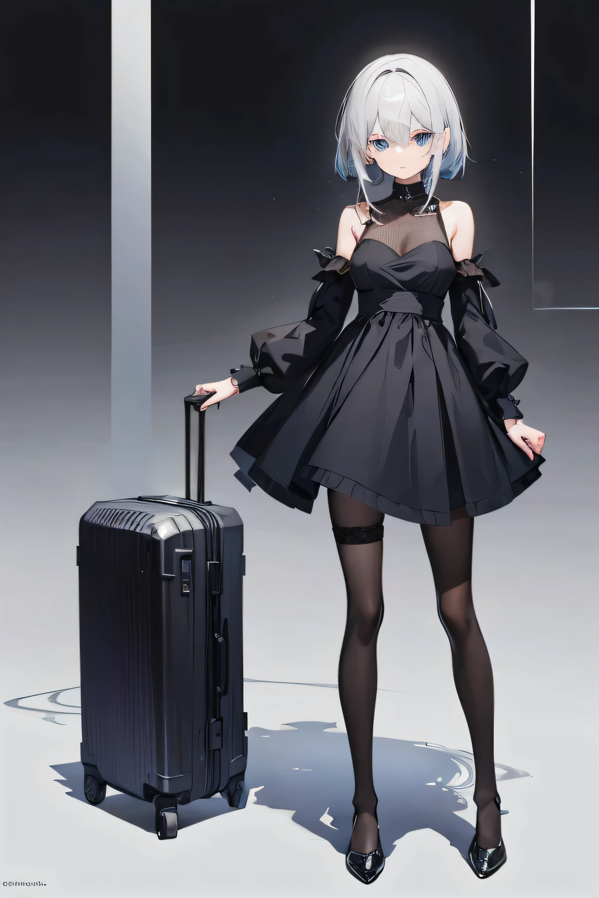 anime character cute girl, gray hair, Hair is smooth, blue eyes, wearing a black dress, black stockings,beauty, small breasts, Are standing, black shoes, whole body, human, --4 pieces:7 --s 40