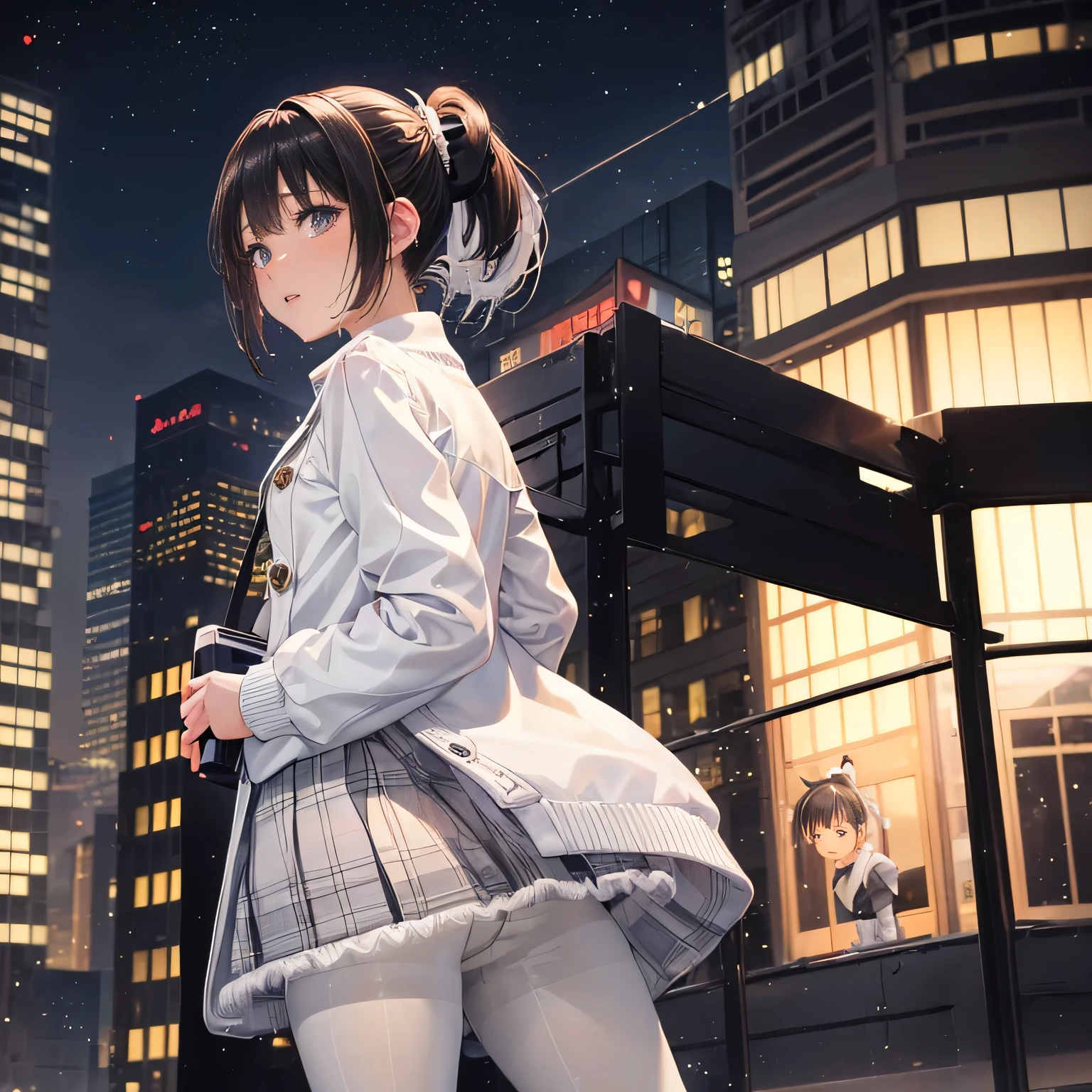 1girl, ((girl)) 、1 person、small face、 ((雪のnight)) 、night、in the city、Skyscraper,20-year-old、 (cry:1.5) 、white coat、white sweater、((plaid skirt)) 、((black pantyhose:1.5)) 、Brown snow boots, (princess cut), (bob cut)、(medium hair)、(ponytail:1.5) 、brown hair 、standing pose、