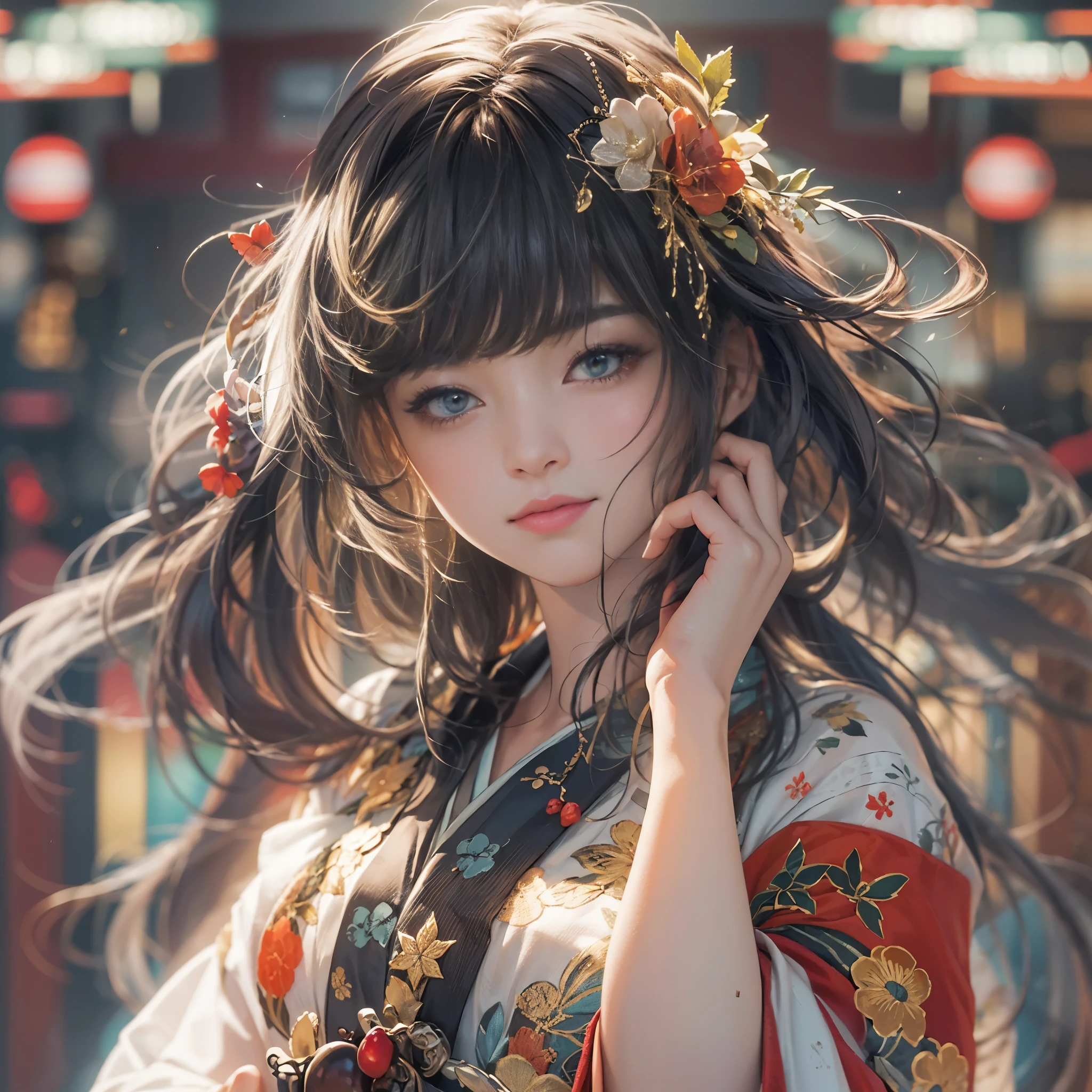 watching at viewers、Background with((ancient city:1.2)And the moon、(dense background:1.5))、BREAK {{{Luxury kimono(Colorful kimono(Detailed golden embroidery,))}}}、face perfect,Depict a beautiful and graceful woman of Japan,poneyTail、Woman with shiny black hair、perfect hand,Heart in the eye。odd eye,full body Esbian,Blur the background with a sickle,((masutepiece)), ((Best Quality))Wallpapers 16K, .Blur the background with a sickle,BREAK,((masutepiece)), ((Best Quality)),epicd(Lige Fries Photography、sony a7、50 millimeters、pores:1.5、Farbe、ultra-detailliert:1.5、film grains:1.4、hyper realisitic:1.5)、octan render、 ultra realistic lifelike textures、​masterpiece、unrealengine5、the Extremely Detailed CG Unity 8K Wallpapers、Madly detailed photo、Ultra-realistic light、(Pulitzer Prize for Best Photography、Taylor Wessing Award for Best Photography) Potrait girl with bokeh background, long dresss, women with long dress focus on girl, natural skin oil masterpiece, zeus 23mm f2 realistic, beautiful oil face skin, little oil face reflection, realistic skin, realistic hair, realistic fantasy hair masterpiece, realistic face masterpiece, realistic all object, blur depht of field, fireflies, kakudrop concept (instagram), realistic anime concept, Top quality masterpiece, deep focus, photography shot, fliying fireflies, falling leaf, falling leaf is a smooth, realistic concept, object, girl (girl walking a long masterpiece) (long object), color combination masterpiece, glow light, dark morning, reflection, beautiful scene, japanese concept photography art, volumetric lighting, bokeh, beautiful peace scene, intricate, elegant, point of interest photography, (masterpiece, side natural lighting, finely detailed beautiful clear night), long hair, lots of hair, clear sky, ray of light, rule of third photography, point of interest photography, perfect color tone, falling summer leaf, Fog, glow light, best filter color fujifilm masterpiece.