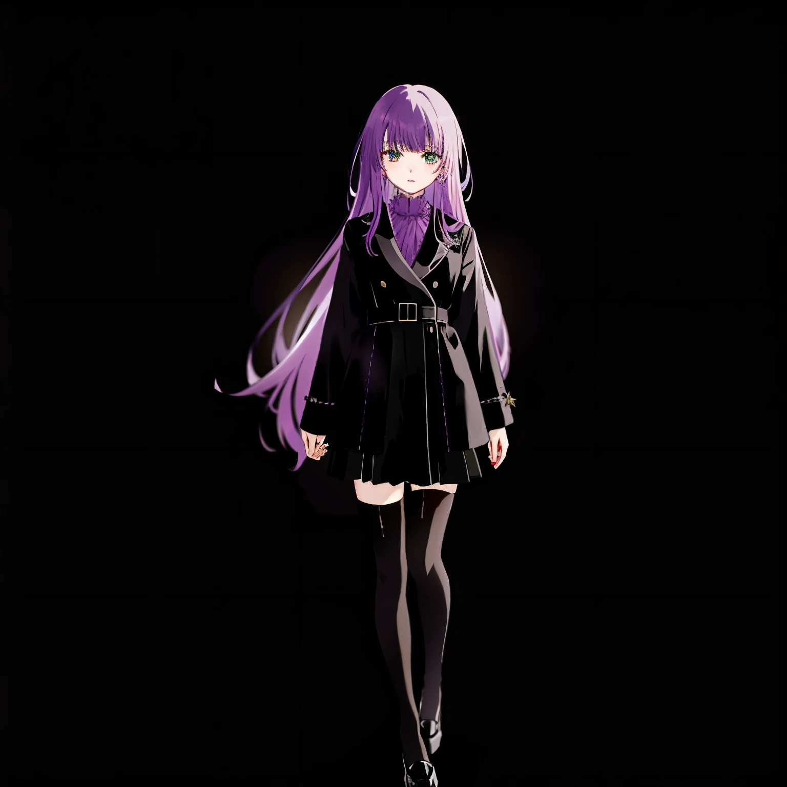 /imagine prompt: color photo of a young woman with long light purple hair, light green eyes, around 20 years old. She is wearing a black coat, a black skirt, black gloves, black knee-high stockings, and deep red Mary Jane shoes. The photo has an anime-inspired aesthetic. —c 10 —ar 2:3