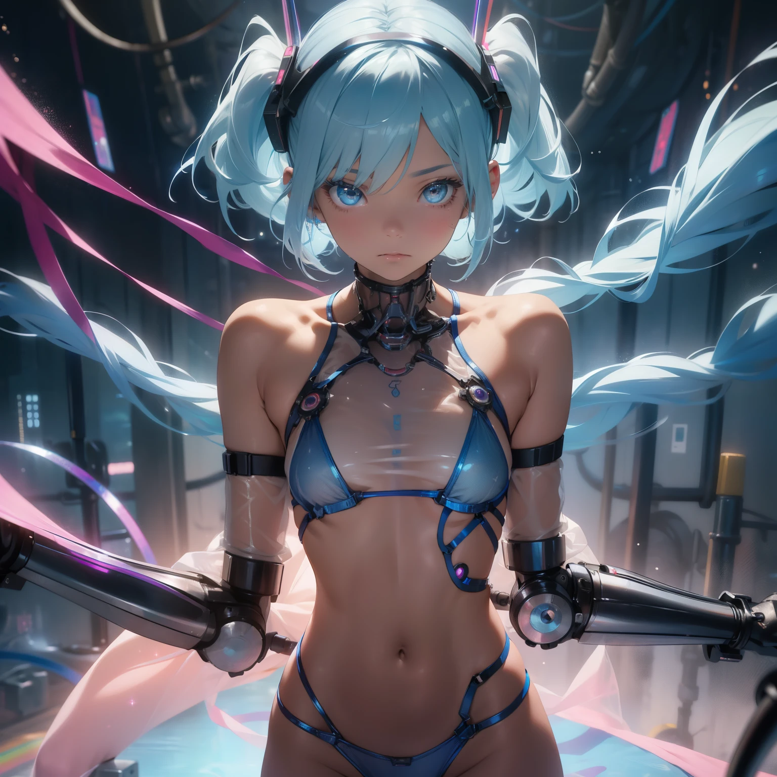 (quality)), ((masterpiece)), Recommended results、Puffy nipples、(see through:1.5)、straighten your back、abdominal muscles、huge bust、angle to floor:1.2、low camera angle、Hair loss on crotch,Hatsune Miku,super detailed)), (Very detailed的CG插画), ((extremely delicate and beautiful)),(1 blue transparent mechanical girl)),alone,whole body,(Machine made joints:1.2),((mechanical limbs)),(Flashing blood vessel points connected to tubes),(Mechanical vertebrae attached to the back,with flowing glitter.),((Flowing rainbow fixed around neck)),perfect round face,(Wires and cables connected to the neck:1.2),(Rainbow wires and cables on the head:1.2)(Character focus),,Very detailed,colorful,most detailed,white ceramic skin,blue short hair