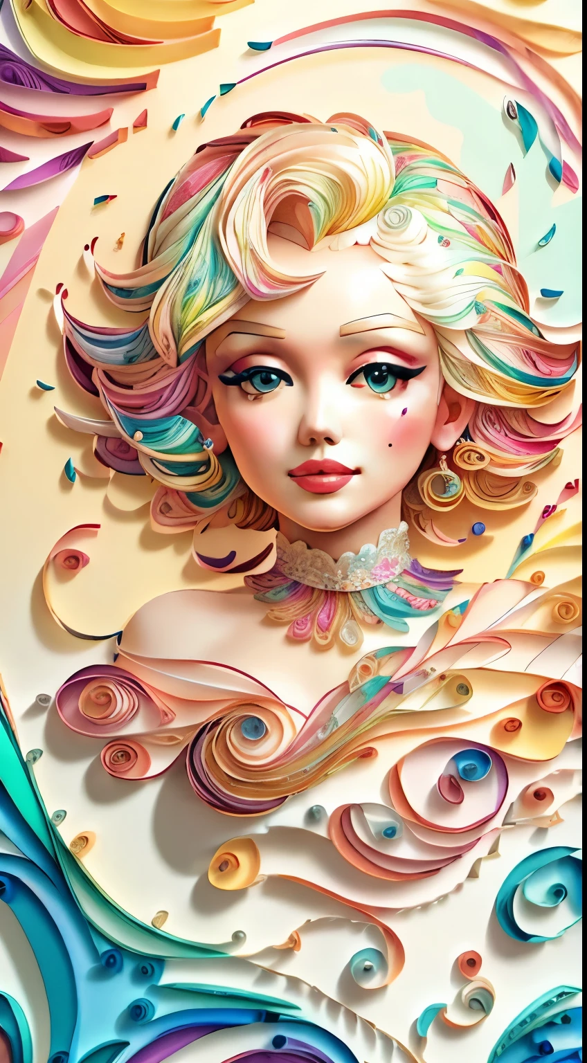 Marilyn Monroe、Multidimensional quilling paper、art by、Fractal art、Chibi、 yang08k、Beautiful fece、colourfull、 ​masterpiece、top-quality、top-quality、Official Art、Beautifully Aesthetic、((8K Ultra Real))