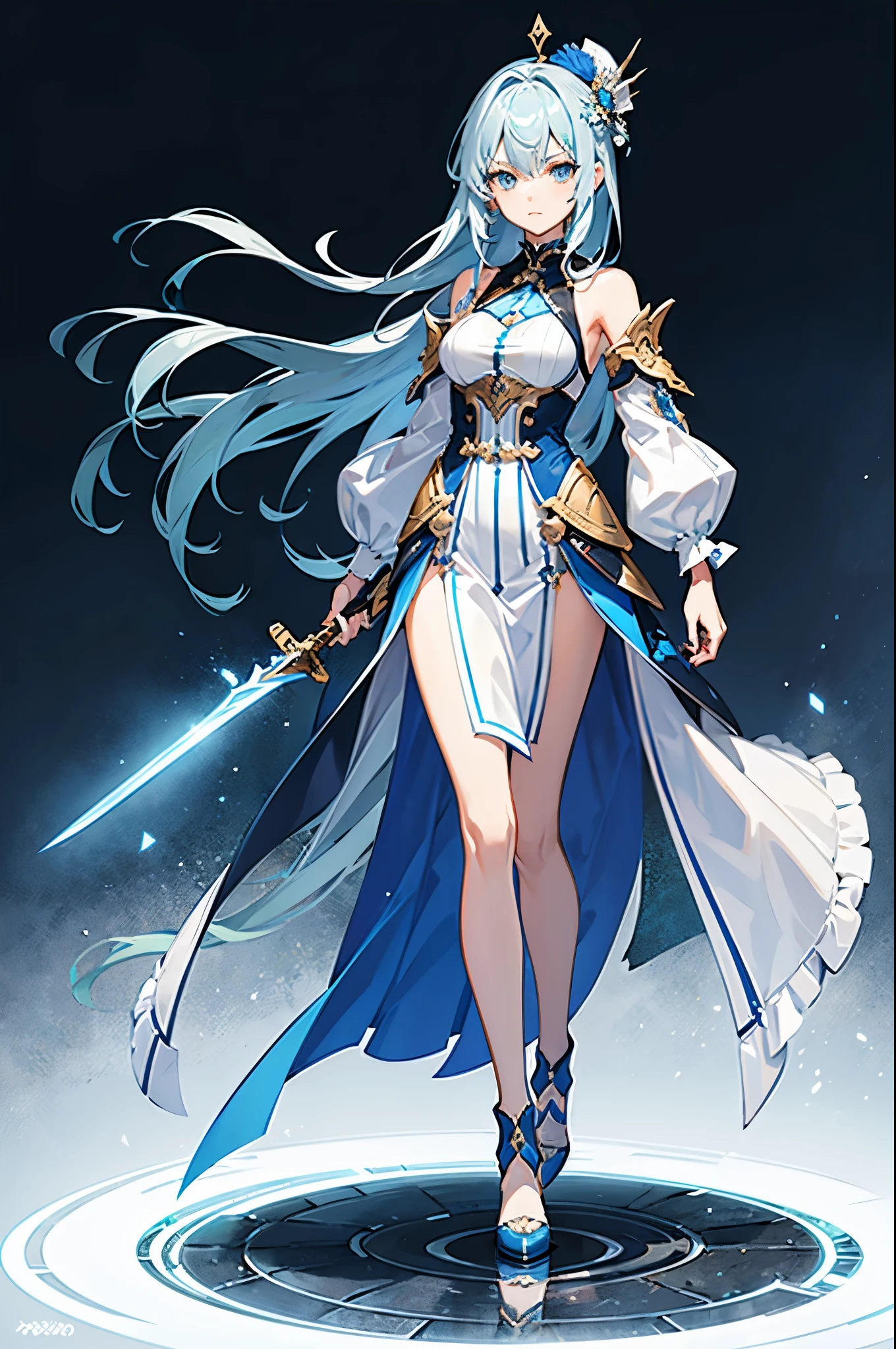 Beautiful girl, standing, wearing a blue and white patchwork dress, with blue and white patchwork clothes, light blue hair, blue pupils, white eyes, a face of disdainful expression, powerful, exquisite, precise, high-resolution, 8k, imposing, full body, human, accurate, masterpiece, detailed, holding a sword with two hands, sharp sword, long sword, one sword, electric current flowing on the sword, full body, standing while holding the sword, pointing the tip of the sword forward, (no additional limbs), long hair, no hat