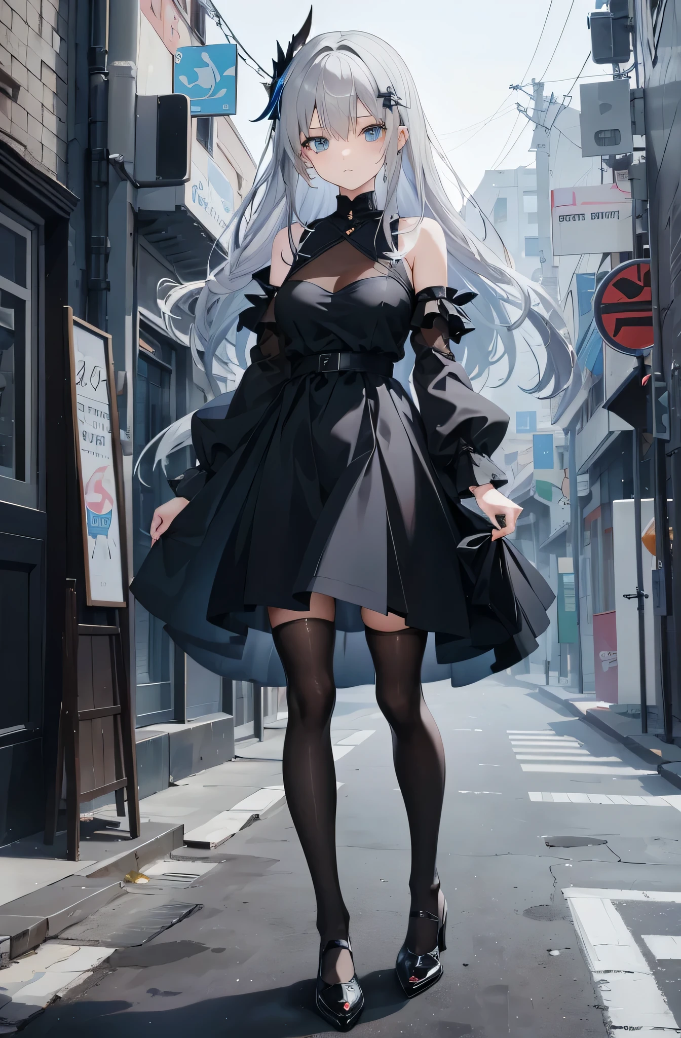 anime character cute girl, gray hair, Hair is smooth, blue eyes, wearing a black dress, black stockings,beauty, small breasts, Are standing, black shoes, whole body, human, Folded hands, --4:7 --s 40