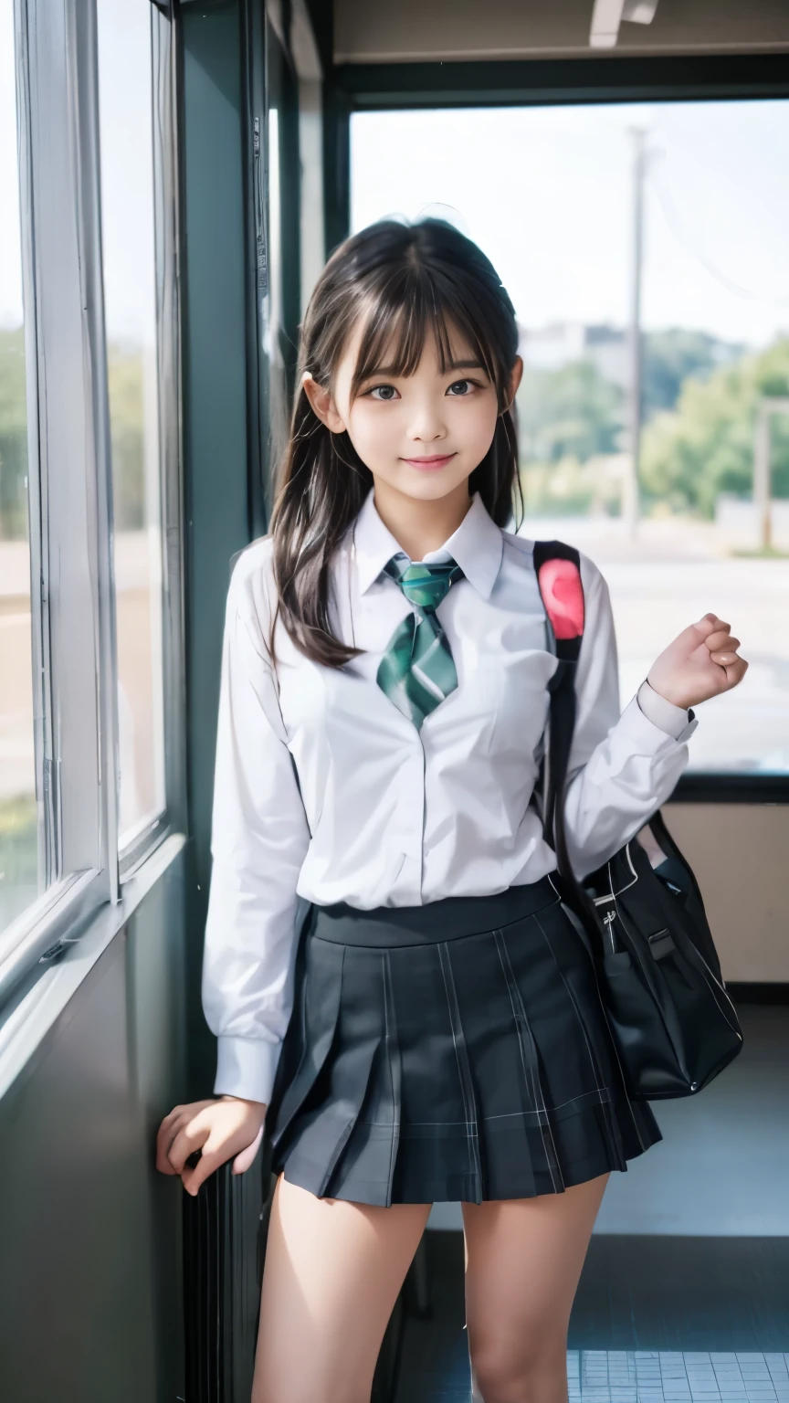 Super fine、8k、muste piece、(RAW photo:1.4)、High resolution、((Composition gradually moving away from the subject))、((Full body photo from face to ankles))、((perfect anatomy))、Standing sideways、The gaze stares into the distance、profile、1 female 、detailed skin、glowing skin、baby face、doid、long eyelashes、Moist eyes、small face、smile、open your mouth、Neat and clean hairstyle、school hallway、stare out the window、Put your hands on the window and stretch out.、turn your body toward the window、Natural light comes in from the windows、Dreaminess、realistic school scenery、middle School girls、Ay school bag slung over my shoulder、、slender and delicate body、small breasts、Blazer uniform with green lines、girls school uniform、plaid skirt、healthy、young female teenager、black tights、black tights、black knee high socks、茶色のloafers革靴、loafers、full body shot、Neat and clean hairstyle、Emphasizes the rather slender leg line