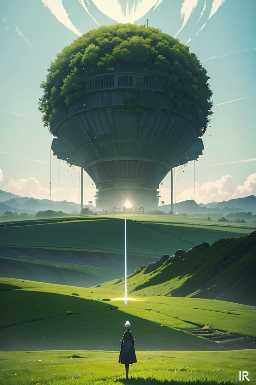 a woman standing on top of a lush green field, by Mike Winkelmann, nuclear art, stood in a factory, michael whelan and karol bak, overlooking a desolate wasteland, beeple and jeremiah ketner