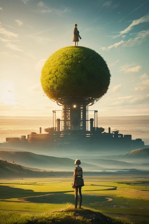 a woman standing on top of a lush green field, by Mike Winkelmann, nuclear art, stood in a factory, michael whelan and karol bak, overlooking a desolate wasteland, beeple and jeremiah ketner

