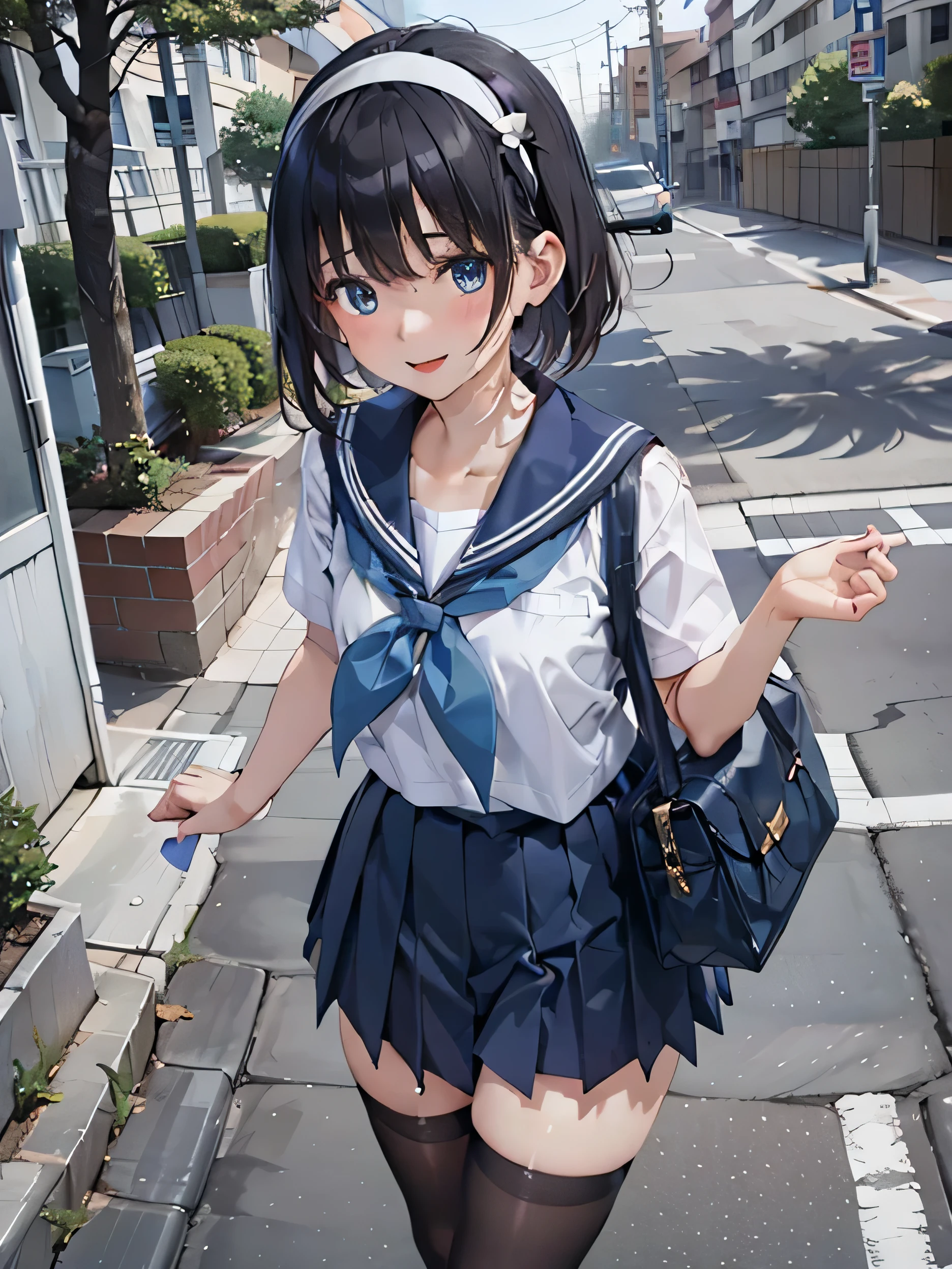 sailor suit, one woman, (beautiful woman, delicate :1.3), black hair, semi straight hair, Bangs Patsun, 8K, highest quality, masterpiece, Super detailed, ultra high resolution, realistic, RAW photo, absolute resolution, face is small compared to body (5:1), very small face (5:1), The face is balanced, black hair, sailor suit, dark blue skirt, realistic女子高生, ((white headband)), small breasts, expensive, slanted eyes, light blue eyes, (in front of the school gate), (black stockings), open your mouth, smile, position looking down from above, stand, Hold the bag with both hands,