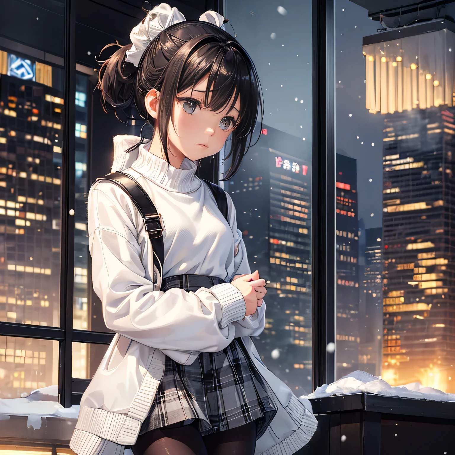 1girl, ((girl)) 、1 person、small face、 ((snow)) 、night、in the city、Skyscraper,20-year-old、 (cry:1.5) 、white coat、white sweater、((plaid skirt)) 、((black pantyhose:1.5)) 、Brown snow boots, (princess cut), (bob cut)、(medium hair)、(ponytail:1.5) 、brown hair 、standing pose、sad expression、