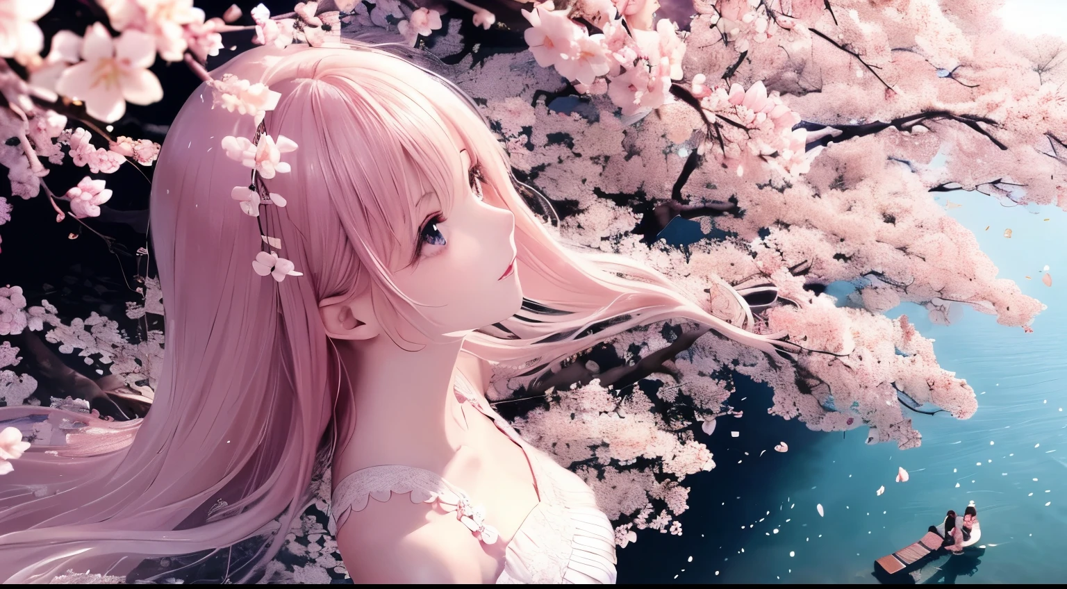 Anime girl with long pink hair and a boat in the water - SeaArt AI