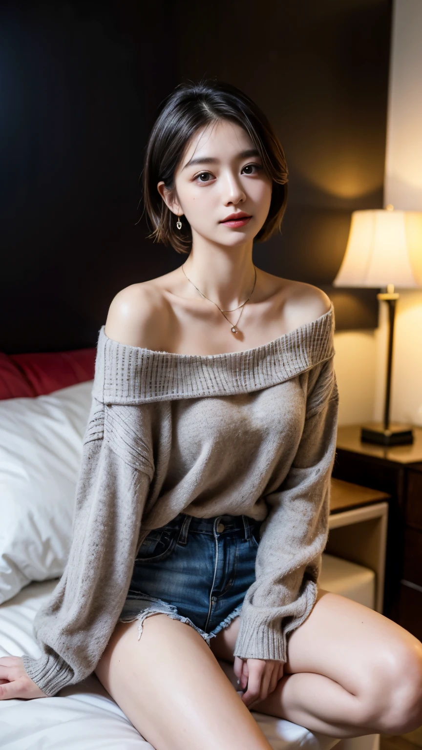 （Short-haired women），（off shoulder sweater，Oversized sweater），（hidden shorts），（sit cross-legged，Put your hands on your thighs），on top of bed，Moderate，deep，best quality，masterpiece，Enlightenment，very delicate and beautiful，Very fine skin，CG，Unite，8k wallpaper，amazing，detailed，高度detailedCG Unite 8k wallpaper，Huge file size，high resolution，Handsome and delicate woman，非常detailed眼睛和脸部， Stunningly detailed eyes，There is light on the face，（最佳Enlightenment：1.1），（the darkest：1.1），超high resolution，（lifelike：1.1），（lifelike1.2：1.1），lifelike面部比例，Slim，Smile，（蓬松的black eyes：1.21），black eyes，looking at the audience，deep棕色头发，ear nipple ring，necklace，hairpin，full-body shot，（Irregular skin blemishes，vein，birthmark，Skin Wrinkles，pores：1.2），（Pitch black night background： 1.2）， （Bokeh： 1.4），