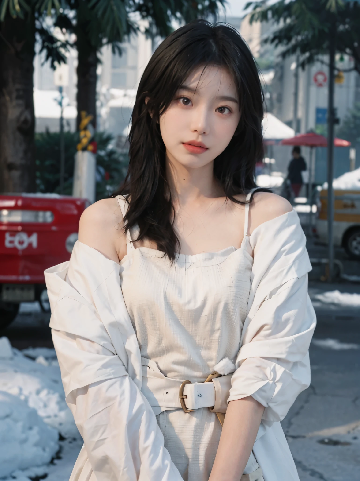 best qualtiy,tmasterpiece,超高分辨率,(true to life:1.4),1girll,Raised sexy,(Open black coat),(Red off-the-shoulder top:1.5),Red off-the-shoulder top,(red colour),(denim short:1.5)(Evening atmosphere:1.5), (natta),Glowing skin,A detailed eye, 二重まぶた,long whitr hair,White skin of the,Sitting charmingly on a tall building, Upper body photo