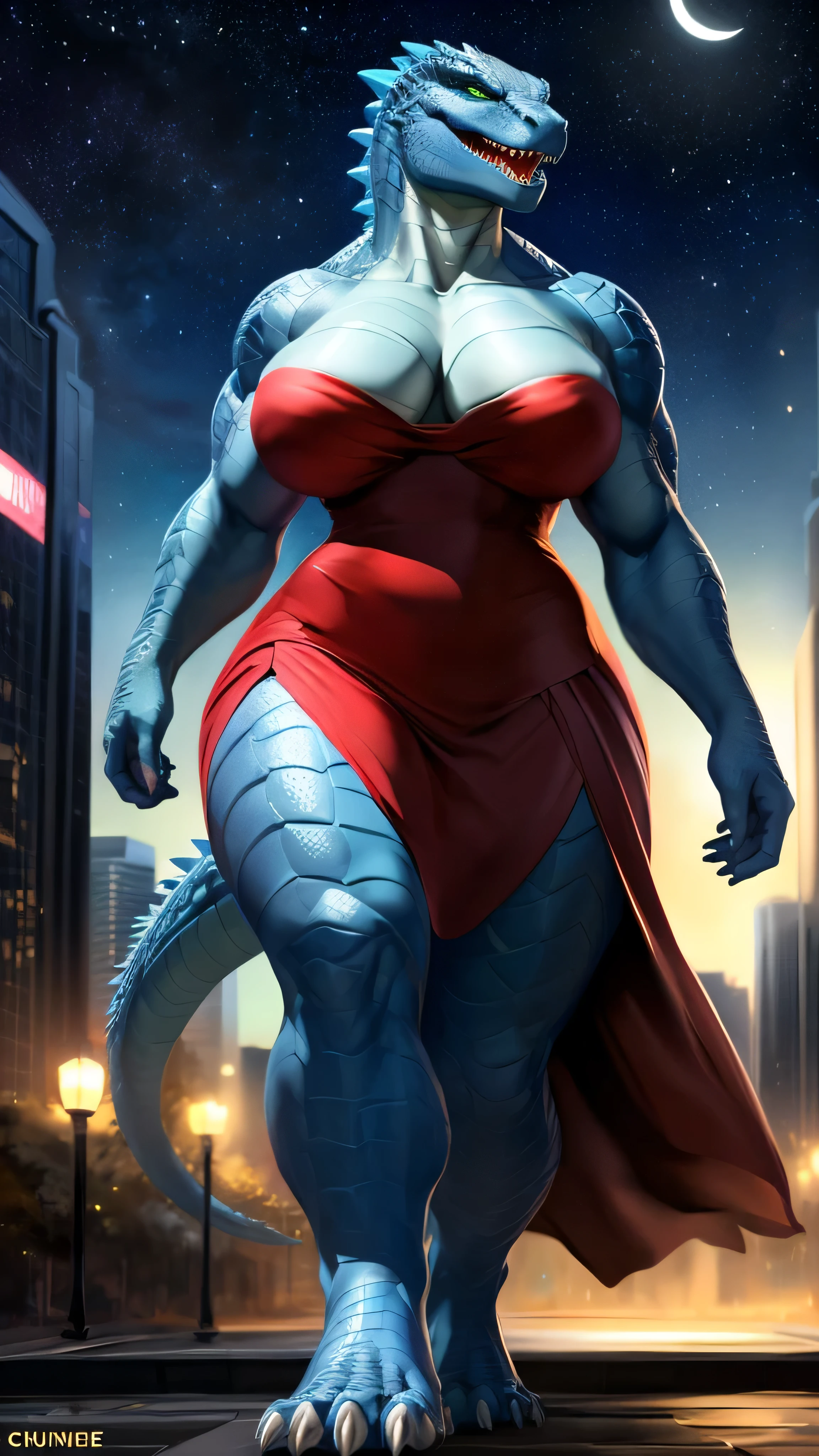 Cinematic plan, Solo ((Godzilla)) con ((ojos verdes, clear ojos verdes, dientes afilados perfectos, lengua)), ((4k, Alta calidad de imagen)) ((retrato de cuerpo entero)), ((con un vestido largo rojo, medias largas negras transparentes, descalzo,))), (((decolaed Chunie anthro Godzilla))), ((walking in a city at noche, la luna en el cielo estrellado, Edificios altos en el fondo, Passersby in the background, un parque al fondo sonriendo))), (noche), (((vista media))), ((Luz ambiental proveniente del sol)), [higher body and limbs decola], [proporciones realistas], [explicit content], [Sharp focus], (contenido cuestionable), ((obra maestra)),hembra peluda, Solo, pechos grandes, ((Escamas azul cielo, Cuerpo azul cielo, decolaed scaly skin, Piel azul cielo, cuerpo completo azul claro)), cola, estructura muscular, mujer musculosa, cuerpo musculoso robusto, cuerpo fuerte,brazos musculosos,piernas fuertes, paquete de seis