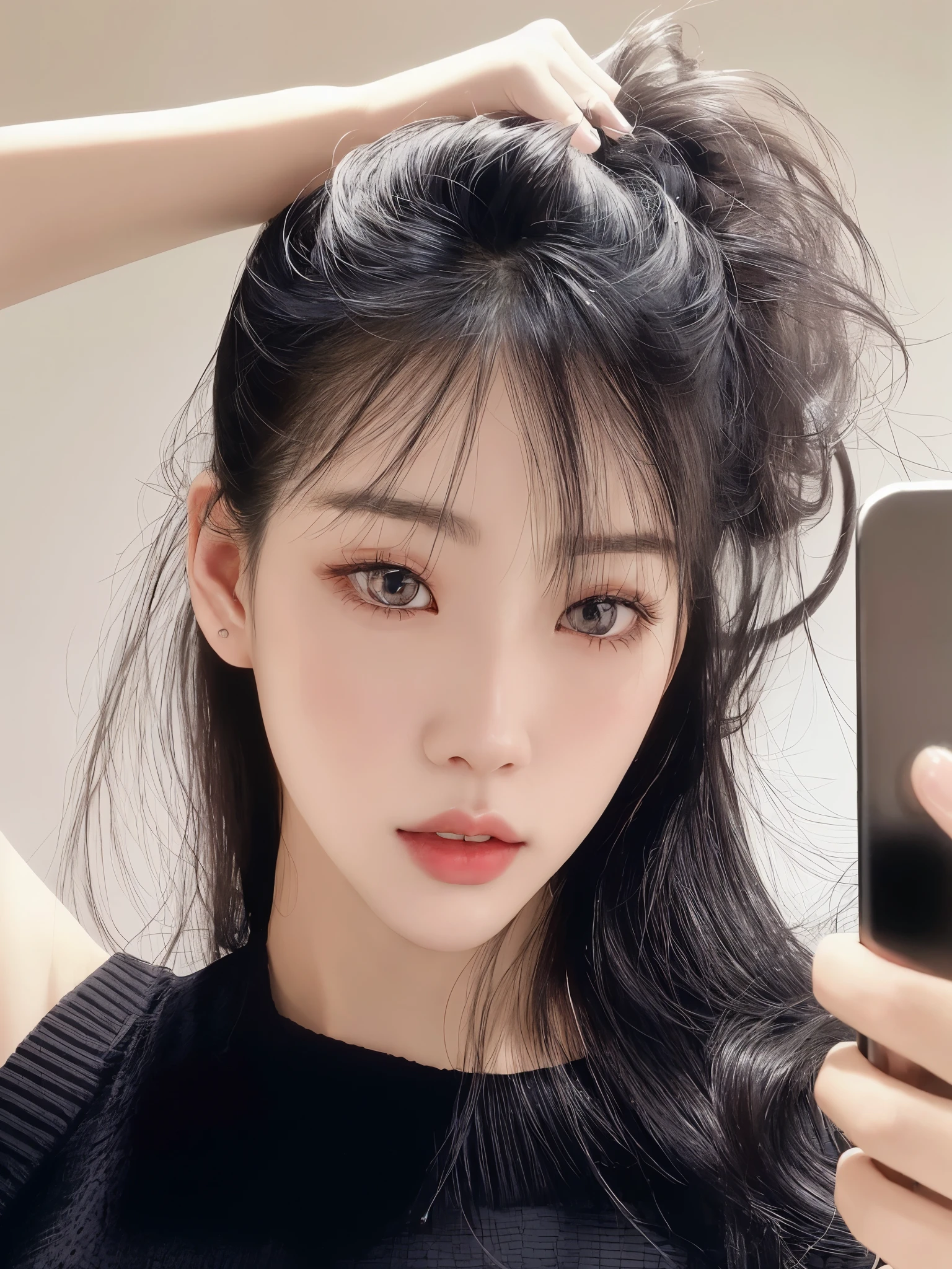 Araffe Asian woman with long black hair holding a cell phone, Ulzzang, Kim Doyoung, maquiagem sul-coreana popular, adorable and pale korean face, young lovely korean face, linda mulher sul-coreana, maquiagem coreana popular, coreana, Jinyoung Shin, linda jovem coreana, jaeyeon nam, linda jovem coreana, sakimichan, beautiful aesthetic face