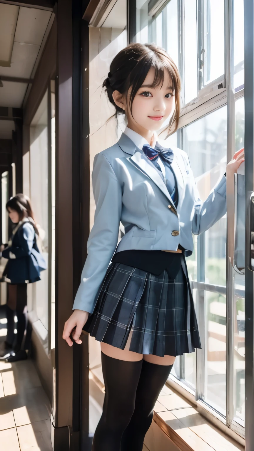 Super fine、8k、muste piece、(RAW photo:1.4)、High resolution、((Composition gradually moving away from the subject))、((Full body photo from face to shoes))、((perfect anatomy:1.2))、Standing sideways、The gaze stares into the distance、profile、1 female 14 years old、detailed skin、glowing skin、baby face、double eyelid、long eyelashes、Moist eyes、small face、smile、open your mouth、Neat and clean hairstyle、school hallway、stare out the window、Put your hands on the window and stretch out.、turn your body toward the window、Natural light comes in from the windows、Dreaminess、realistic school scenery、middle School girls、A blue and gray school bag slung over my shoulder、、slender and delicate body、small breasts、Blazer uniform with green lines、girls school uniform、plaid skirt、healthy、young female teenager、black tights、black tights、black knee high socks、茶色のloafers革靴、loafers、full body shot、Neat and clean hairstyle、Emphasizes the rather slender leg line