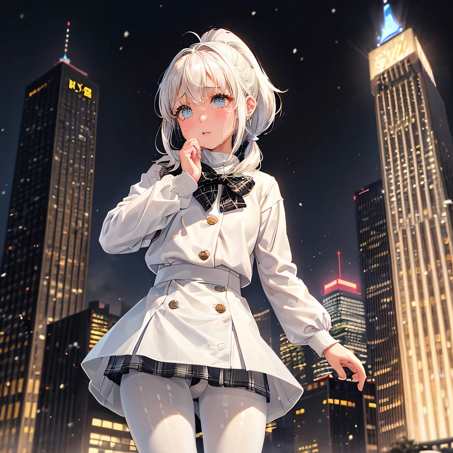 1girl, ((girl)) 、1 person、small face、 ((snow)) 、night、in the city、Skyscraper,20-year-old、 (cry:1.5) 、white coat、white sweater、((plaid skirt)) 、((black pantyhose:1.5)) 、Brown snow boots, (princess cut), (bob cut)、(medium hair)、(ponytail:1.5) 、brown hair 、standing pose、sad expression、