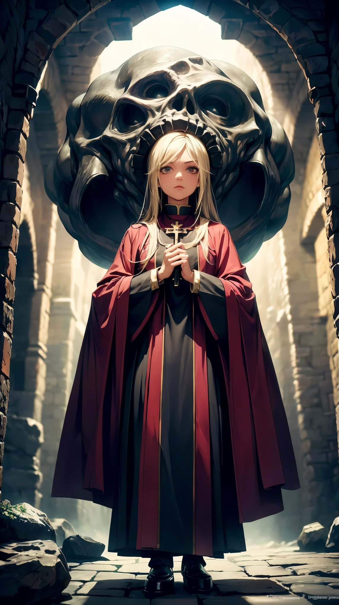 (8K, RAW photo, 最high quality, masterpiece:1.2), High-definition RAW color photo, Professional photo shoot, cinematic light, RPG design, dark fantasy graphics, Humanoid monsters, low level monk, ((full body shot)), (((Female priest))), Priestess, woman wearing white vestments, detailed eyes, cute face, holding a small wand in hand, fantasy art, ((Underground dungeon background, Stone dungeons)), dim lighting, film grain, background bokeh, high quality, surreal, ((very detailed, photo shoot)),