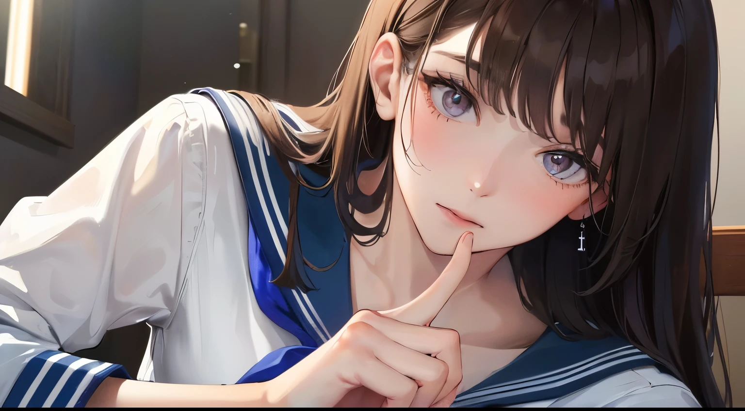 (((1 woman)))、(highest resolution、clear_image)、(((Point the tip of your index finger at the person off-screen))), (((sailor suit)))、best quality、((Perm hair)),、contrast of light and shadow、、school rooftop、((illumination))、very detailed、Semi-realistic、brown hair、、Expressionless、bangs、20-year-old、office Lady,,young、((View from the front))、delicate facial features facial features、