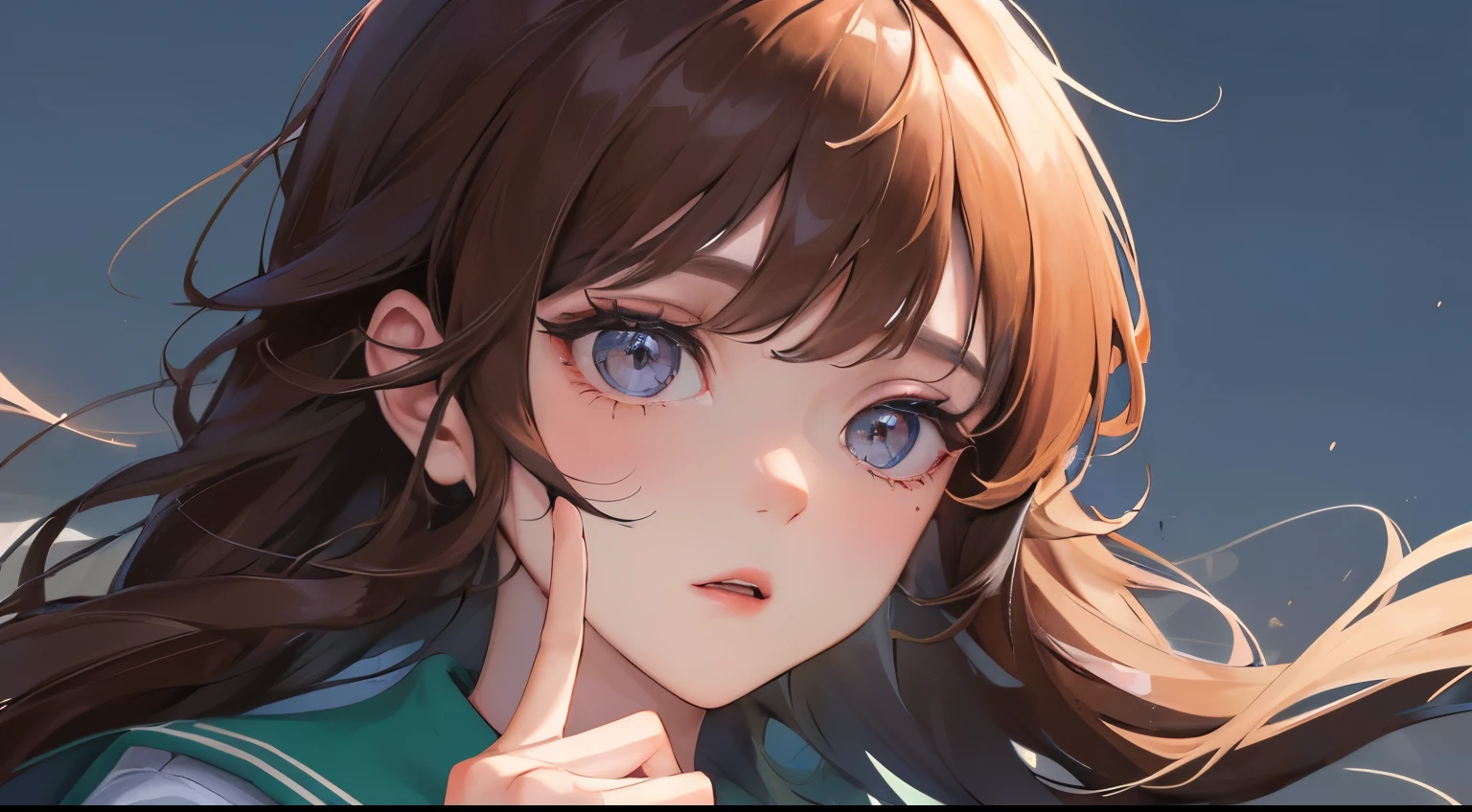(((1 woman)))、(highest resolution、clear_image)、(((Point the tip of your index finger at the person off-screen))), (((sailor suit)))、best quality、((Perm hair)),、contrast of light and shadow、、school rooftop、((illumination))、very detailed、Semi-realistic、brown hair、、Expressionless、bangs、20-year-old、office　Lady,,young、((View from the front))、delicate facial features facial features、