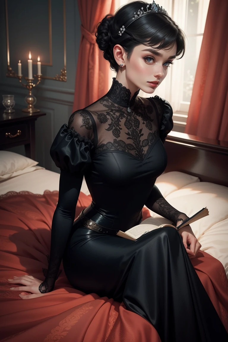 (Masterpiece - Ultra-Detailed, High Resolution) Prepare to be enchanted by a true masterpiece that combines ultra-detailed art with high-resolution rendering. This work shows a mesmerizing woman, with short, black hair, 1928s style,  Audrey Hepburn (1.3) and captivating dark brown eyes (1.2), New York illustration style, wearing red lipstick, emanating an aura of elegance and mystery. Wearing classic victorian dress 1928s clothing.  Intricate details and realistic textures invite you to explore every aspect of this enchanting composition. Black dress. reading, writing, walking, backwards, lying down, standing, dynamic poses, mouth closed. Different posture , dynamic poses, mouth closed. Different posture, with chin resting on shoulder. Perfect fingers. Get ready to dive into a world where beauty and craftsmanship merge perfectly.