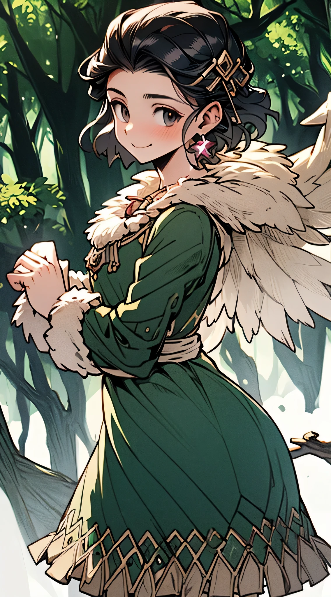 anime screencap, 1 girl, solo, black hair, short hair, green dress, hair hornament, dreadlocks, forehead, outdoors, forest, bird in hand, full body, cowboy shot, subtle smile masterpiece, high res, detailed face, detailed eyes,  ((((furry edge clothing)))),(arabian jewelry,intricate necklace),(((intricate outfit,intricate clothes,embroidered outfit,ornate outfit))), (dynamic pose:1.0),embarrassed,(centered,scale to fit dimensions,Rule of thirds), 