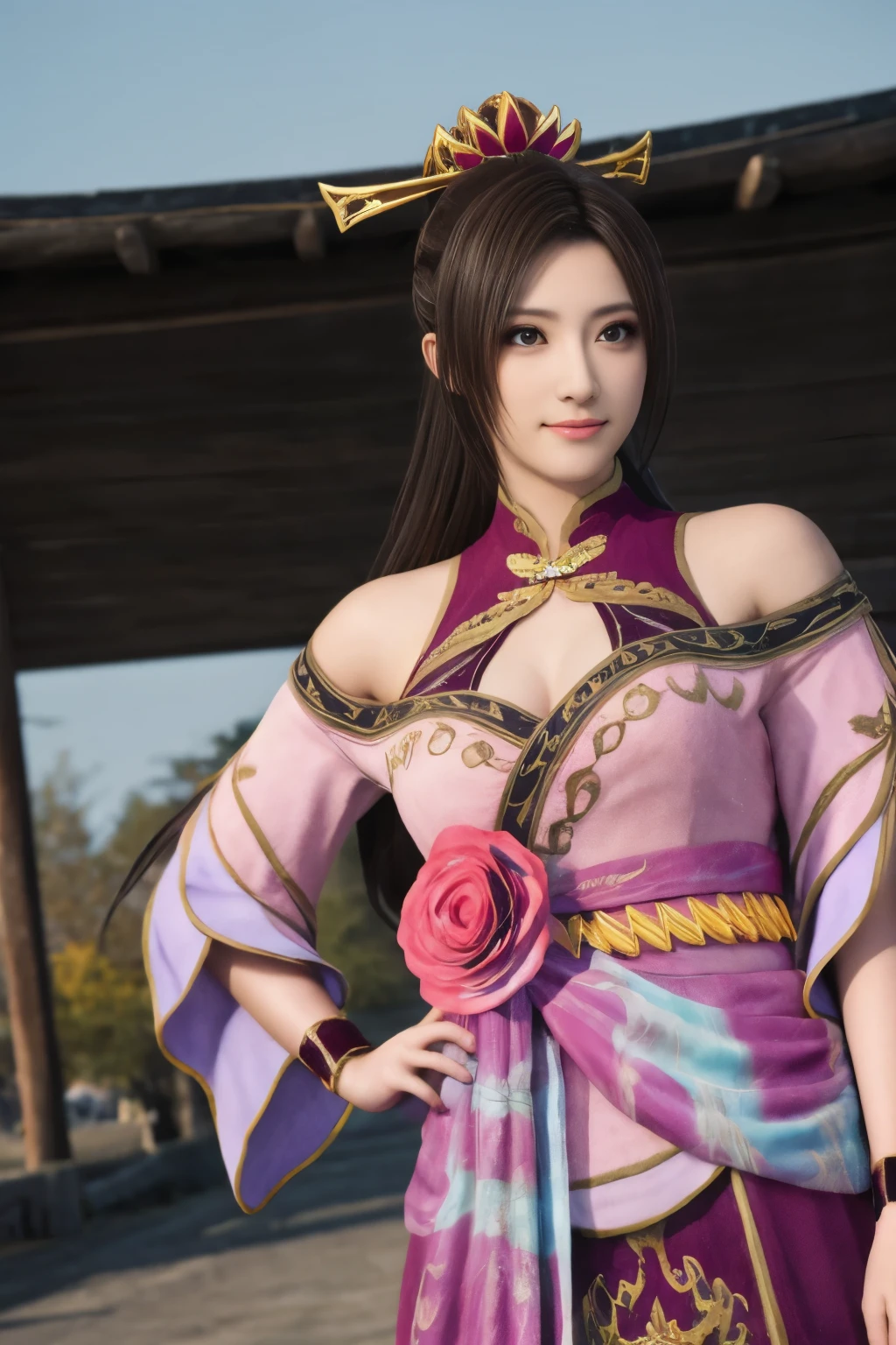 Diaochan from Sangoku Musou 8,masterpiece、1 cute girl、17-year-old high school student、smile,fine eyes、puffy eyes、bright outdoors,Bright downtown、highest quality, 超High resolution, (reality: 1.4), movie lighting、Japanese、asian beauty、Korean、super beautiful、beautiful skin、body facing forward、whole body,Upper body、(超reality的な)、(High resolution)、(8K)、(very detailed)、(美しくfine eyes)、(Super detailed)、 (wall-)、detailed face、bright lighting、professional lighting、looking at the viewer、look straight ahead、slanted bangs、brown hair、Nogizaka idol、