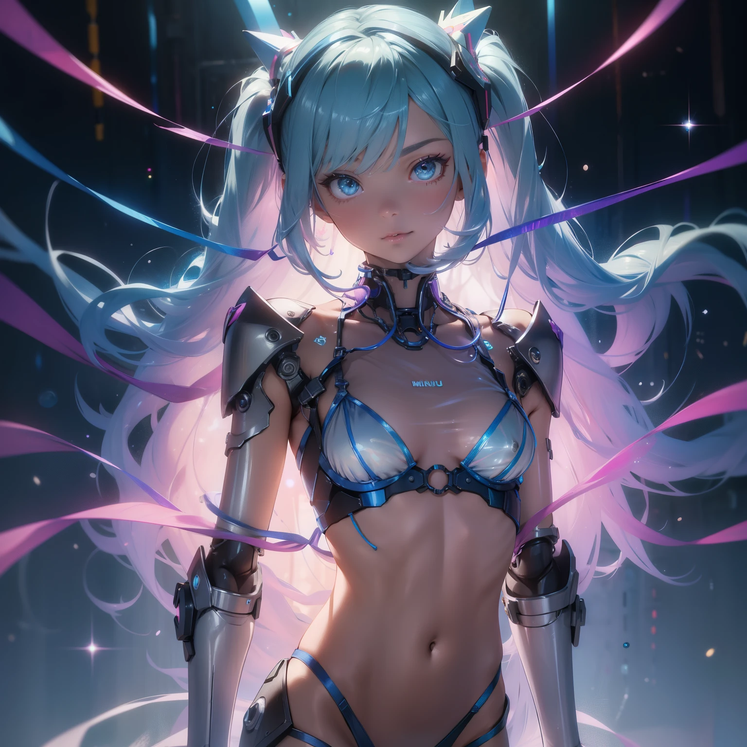 (quality)), ((masterpiece)), Recommended results、Puffy nipples、(see through:1.5)、straighten your back、abdominal muscles、huge bust、angle to floor:1.2、low camera angle、Hair loss on crotch,Hatsune Miku,super detailed)), (Very detailed的CG插画), ((extremely delicate and beautiful)),(1 blue transparent mechanical girl)),alone,whole body,(Machine made joints:1.2),((mechanical limbs)),(Flashing blood vessel points connected to tubes),(Mechanical vertebrae attached to the back,with flowing glitter.),((Flowing rainbow fixed around neck)),perfect round face,(Wires and cables connected to the neck:1.2),(Rainbow wires and cables on the head:1.2)(Character focus),,Very detailed,colorful,most detailed,white ceramic skin,blue short hair