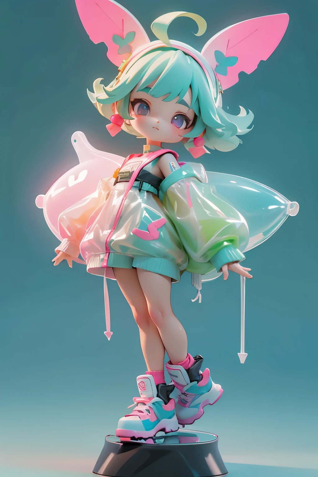 Cute  wrapped in clear plastic, tchibi, Fluorescent translucent sports fashion trend clothing, wearing nike shoes, Candy color, simple bright background, 3D toys, Cyberpunk Style, cinema4d, rendering by octane, 3D model, Collectible toys,nendoroid,Street style,by Pixar,Big shoes , Fashion trends, Close-up, Full body --AR 3:4 --q 2 50 --niji 5 --niji 5 --s 100 --stylistic expression --s 2