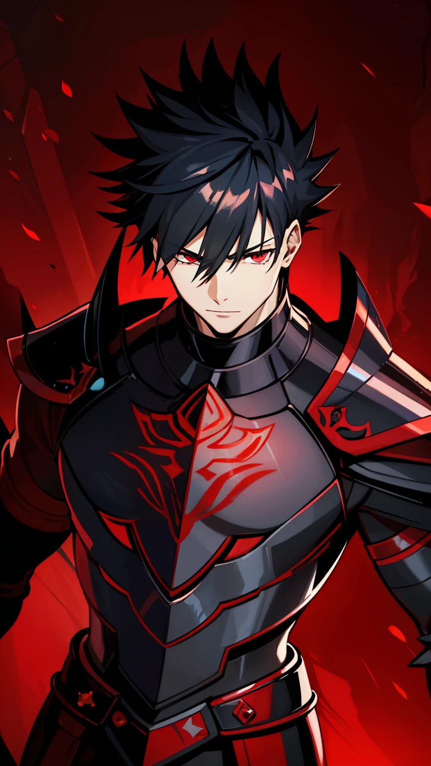 (high-quality, breathtaking),(expressive eyes, perfect face) 1boy, male, solo, young adult, medium hair length, spiky hair, soft wave, black hair color, red highlights in hair, deep red eye color, background, calm expression, mature, dominant, haunting red background, armor, onyx black armor with red trim, midnight dark armor with red cracks engraved in the exterior, male saber alter, male alter saber fate stay night, corrupted theme, corrupted armor, red lines on armor, conqueror vibe, red markings on armor, slightly narrow eyes, evil king, narrow eyes, king chess piece, detailed eyes
