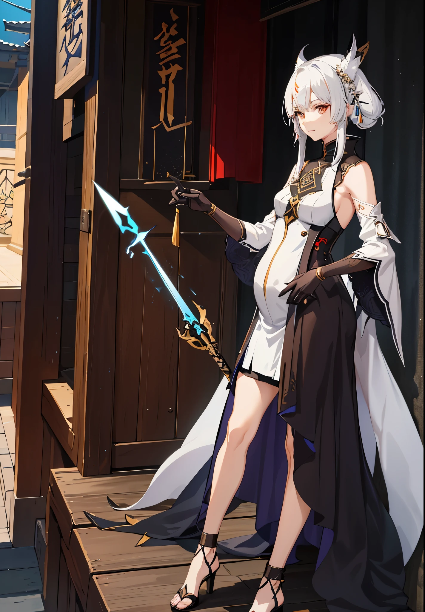 a woman in a dress holding a dagger and a dagger, video game character, from arknights, fox nobushi holding a dagger, hajime yatate, keqing from genshin impact, white haired deity, with small sword, ayaka genshin impact, female action anime girl, official character art, anime character, pregnant anime girl, fetus, hurt