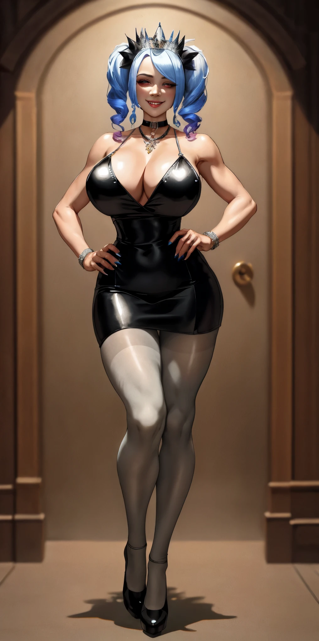 White hair, short bob hair, pinched eyes, thin legs, thin body, leather collar, maid outfit victorian, full body standing symmetrical, hands on hips, wide hips, view from below, high heels feet together, full body standing straight symmetrical, huge cowboy shot, solo 1MILF, lustful smirking smile face, looking at viewer, hands on hips, twintails, twin drills, dress, striped pantyhose, metal handcuffs on their hands with a black maetal slave collar around her neck, cowbell attached to the choker, sleeveless, black stockings, golden tiara