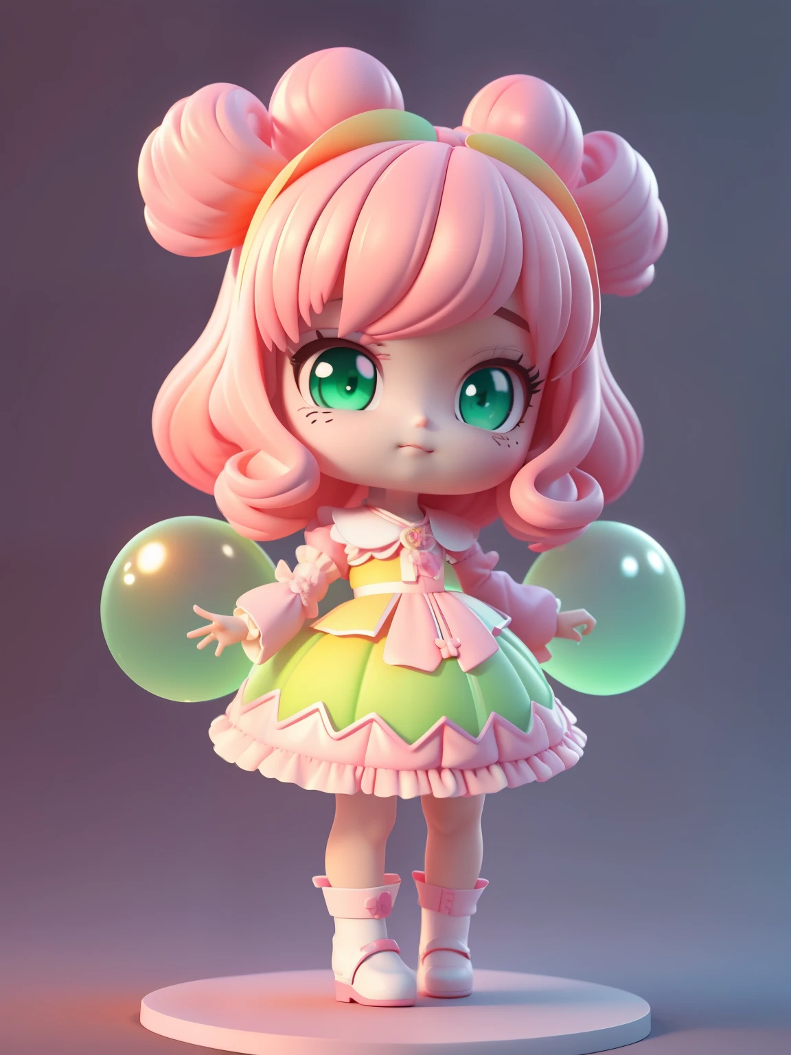 Detailed plastic materials, ((same character, front, side, back)) best quality, (very detailed model), (best quality), octane rendering, ray tracing, very detailed, 3D toys , exaggerated huge hair, (full body) (3D hair, cute hair accessories, ((children)), beautiful eyes, cute big eyes, cute face, pink and green gradient, drum skirt, cute skirt, chib, fluorescent half Transparent, colorful, plastic, children, transparent, product design, luminous jelly, exquisite and cute plastic, beautiful light and shadow 3d, digital art, translucent plastic bubble gum, close-up, 3d, ultra-detailed, generate front view, side view, rear view three views , borderless, c4d, Octane rendering, Blender, HD, full body, simple background! - v6