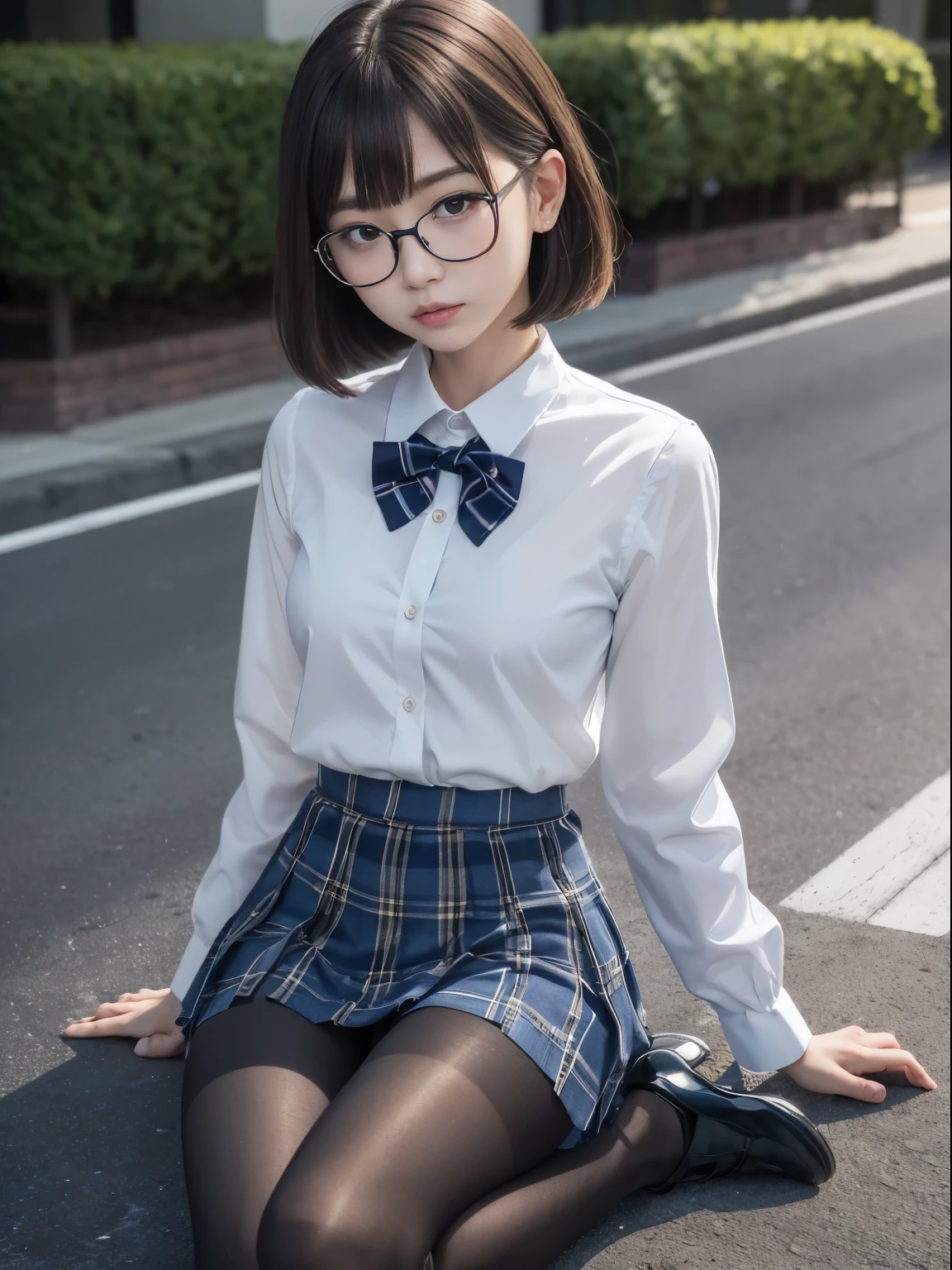 long bob cut、(I can see my underwear)、((細いeye))、((細いeye))、((細いeye))、(8K、生photographgraphy、highest quality、masterpiece:1.2),、small、(flat chest)、(flat chest)、(flat chest)、(flat chest)、(flat chest)、(Are thin)、Fair skin、Whitening、dark look、skinny,Fair skin肌,Saucy,Schoolの,looking at the viewer,looking straight ahead,high-pitched clothes,erotic,students,white skin,knees,(((black pantyhose)),((black pantyhose))),disorganized,(small face),(small face),I can see the forehead,Bangs hanging from the left and right sides of the forehead,(cold look,eyeがきつめ,glare,bullish,anger)、masterpiece,highest quality、ultra high resolution,生photograph,beautiful,beautiful,There is only one person, solo,Glasses,,dark look,small breasts same,full body,(まるGlasses),JK uniform,high school girl,japanese woman, (photorealistic:1.37)、School、photon mapping,Reality、beautiful woman,cute baby face,ブラウンeye、black socks、(red bow tie)、radio city、Physically based rendering、depth of field rally background、photograph,body,beautiful feet, long legs, thin legs,(I can see my bangs), Hairy pubic area, lips, blue_eye, nose soft,(light blue dress shirt), (Navy, blue and white plaid pleated skirt), kneesが見える,transparent clothing,, Peaches, black cotton socks,Nogizaka Idol, , japanese idol