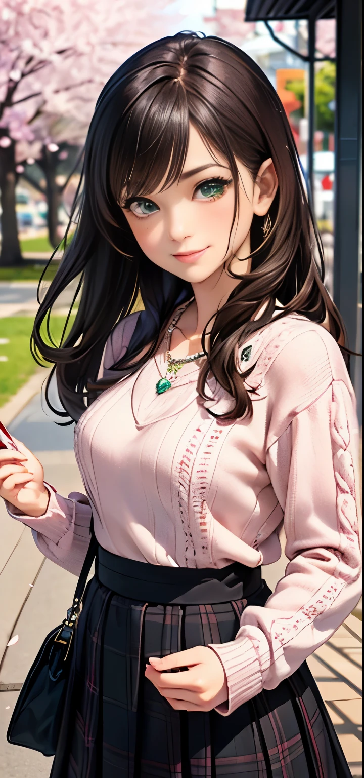 ((table top, highest quality, High resolution, nffsw, perfect pixel, written boundary depth, 4K, nffsw, nffsw))), 1 girl, single, alone, beautiful anime girl, beautiful art style, anime character, ((long hair, bangs, brown hair)), ((green eyes:1.4, round eyes, beautiful eyelashes, realistic eyes)), ((detailed face, blush:1.2)), ((smooth texture:0.75, realistic texture:0.65, realistic:1.1, Anime CG style)),  dynamic angle,  ((throw, Selfie Pose, portrait)), ((pink sweater, long sleeve, black skirt, plaid skirt, Fashionable, 1 diamond necklace)), smile,  amusement park, ((cherry blossoms, cherry blossomsの花が散る))