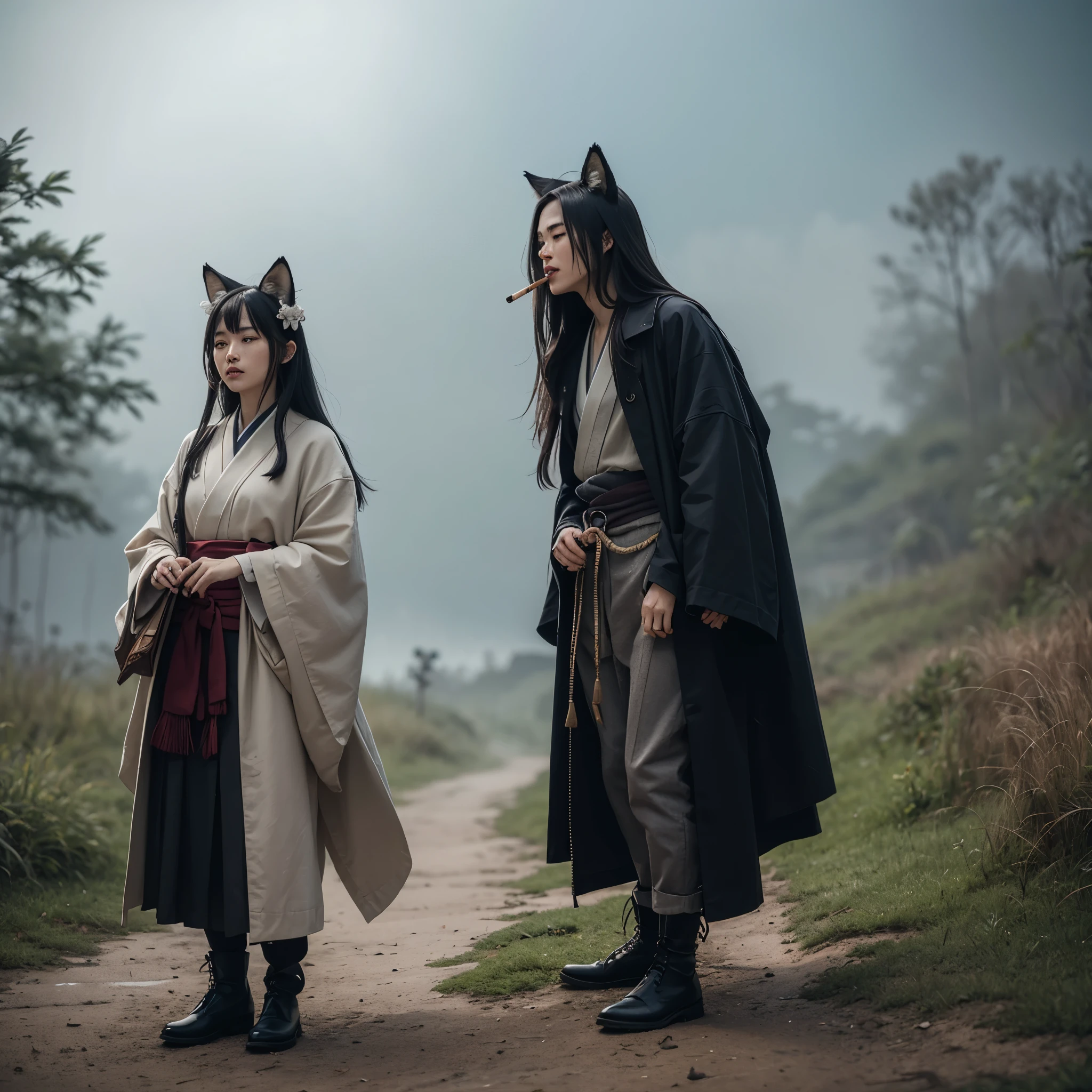 fox girl with furry ears,smoking a cigarrete with a bunch of black shadows behinds him,long hair,heavy fog,wind,night,highnoon,bamboo,grass on the ground,mudpit on the ground,film grain,black and white,traditional japanese art,oriental,cinematic,gweiz,sekiro,ghost of tsushima,reflex,handmade,art nouveau,detailed