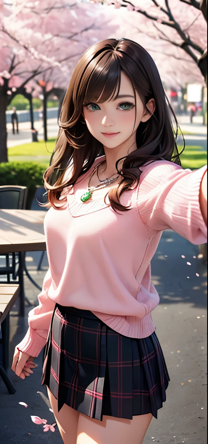 ((table top, highest quality, High resolution, nffsw, perfect pixel, written boundary depth, 4K, nffsw, nffsw))), 1 girl, single, alone, beautiful anime girl, beautiful art style, anime character, ((long hair, bangs, brown hair)), ((green eyes:1.4, round eyes, beautiful eyelashes, realistic eyes)), ((detailed face, blush:1.2)), ((smooth texture:0.75, realistic texture:0.65, realistic:1.1, Anime CG style)),  dynamic angle,  ((throw, Selfie Pose, portrait)), ((pink sweater, long sleeve, black skirt, plaid skirt, Fashionable, 1 diamond necklace)), smile,  amusement park, ((cherry blossoms, cherry blossomsの花が散る))