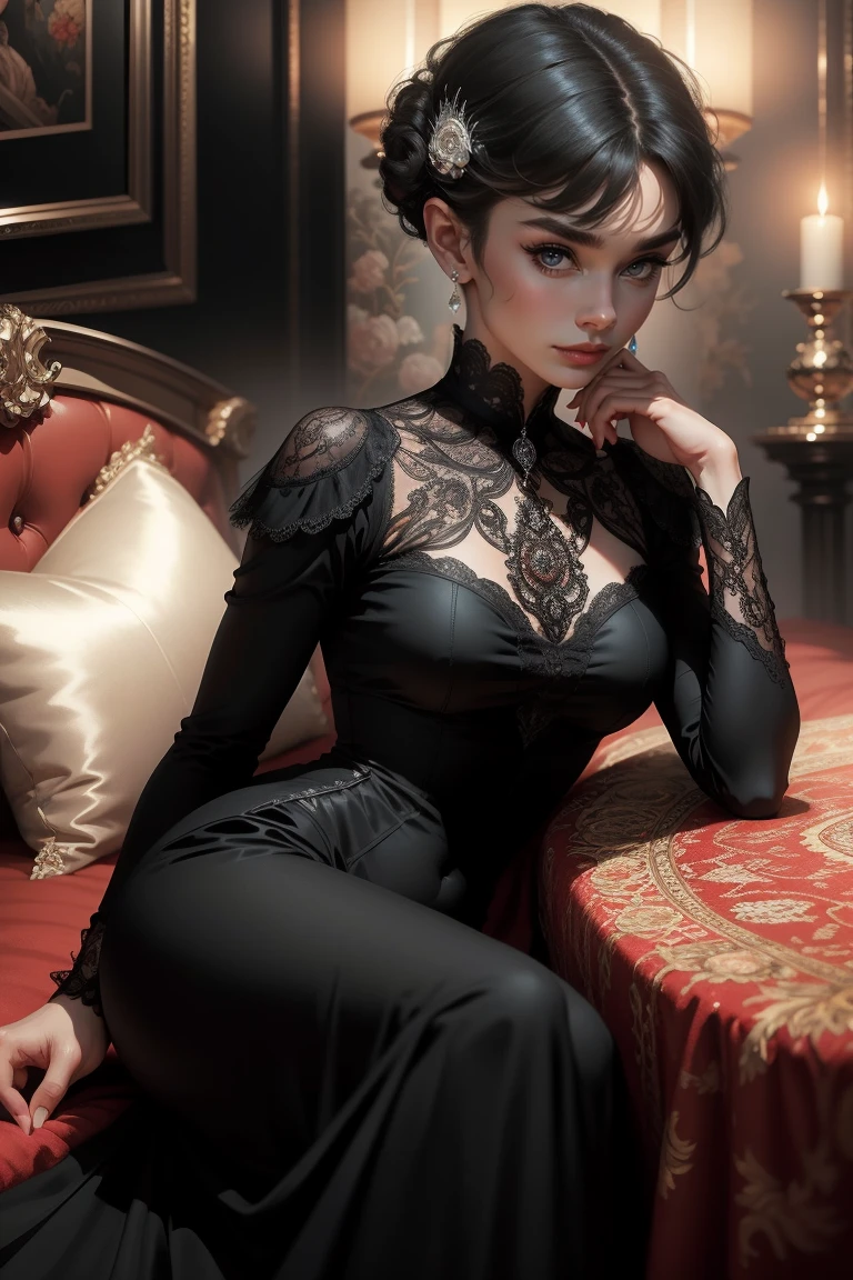 (Masterpiece - Ultra-Detailed, High Resolution) Prepare to be enchanted by a true masterpiece that combines ultra-detailed art with high-resolution rendering. This work shows a mesmerizing woman, with short, black hair, 1928s style,  Audrey Hepburn (1.3) and captivating dark brown eyes (1.2), New York illustration style, wearing red lipstick, emanating an aura of elegance and mystery. Wearing classic victorian dress 1928s clothing.  Intricate details and realistic textures invite you to explore every aspect of this enchanting composition. Black dress. reading, writing, walking, backwards, lying down, standing, dynamic poses, mouth closed. Different posture , dynamic poses, mouth closed. Different posture, with chin resting on shoulder. Perfect fingers. Get ready to dive into a world where beauty and craftsmanship merge perfectly.