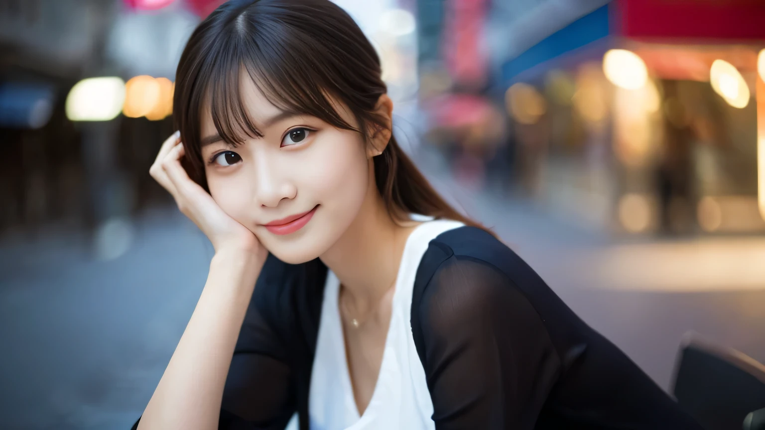 highest quality, table top, ultra high resolution, (Photoreal: 1.4), Front view, Half body, famous japanese actress, revealing clothing, very beautiful woman, cute, 素敵なsmile, Cinematic 35mm lens, f/1 .8, Beautiful double eyes with equal left and right eyes, 上Half bodyショット,city,Looks like a fun date,smile