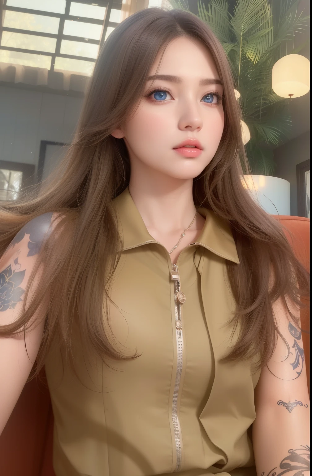 Beautiful big breastokeh), indoors, detailed luxury living room, gentle and charming beautiful goddess, Korean(kpop-idol), solo, necklace, oval face, double eyelids, smart, good hands, good feet, Natural, (from below angle), (glossy skin:1.05), ((low angle)), Perfect figure, (64k, UHD, RAW photo, best quality, masterpiece:1.4), (realistic, photo-realistic:1.37), ultra high res, photon mapping, radiosity, physically-based rendering, professional soft lighting, blue eyes, purpel hair, tattoo