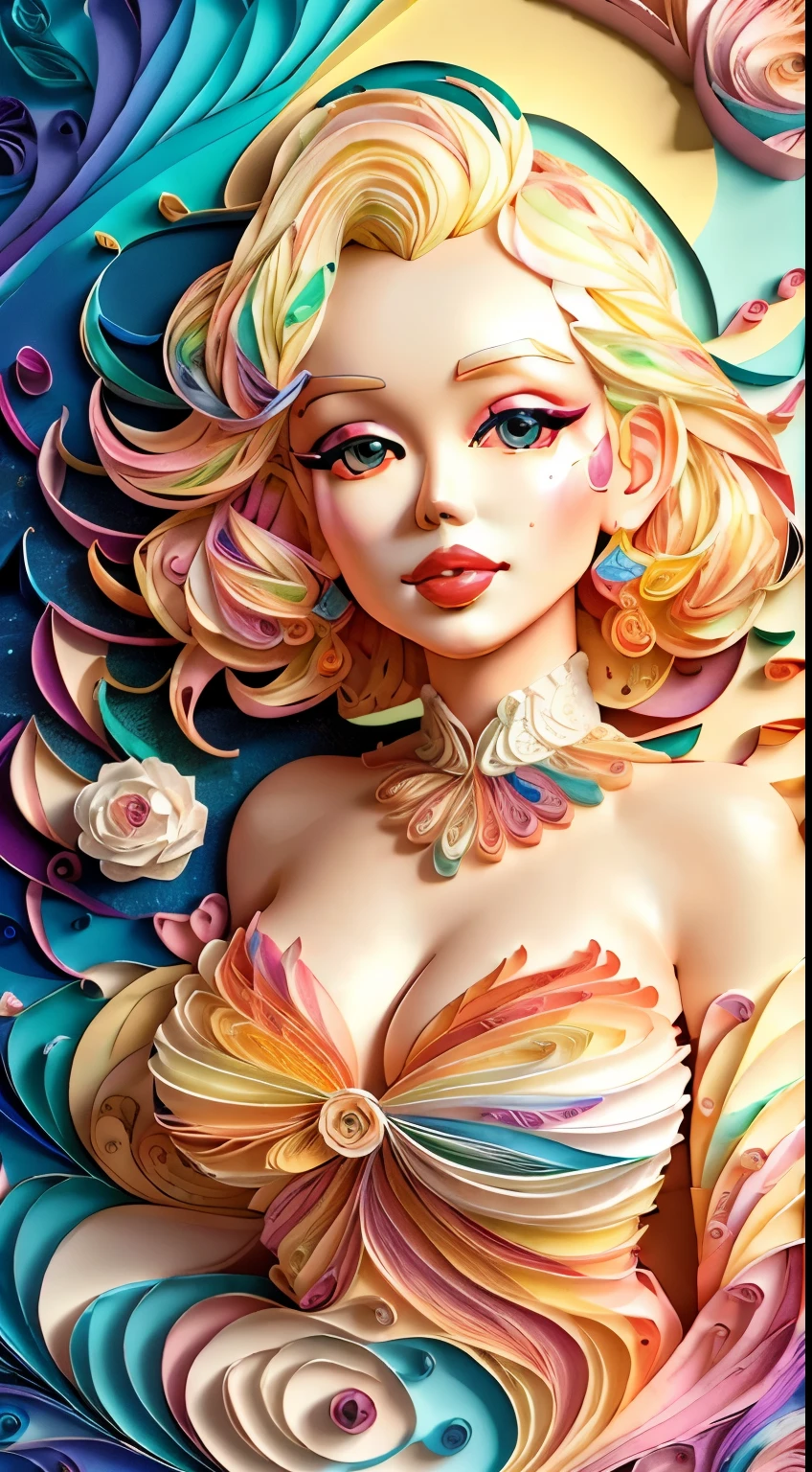 Marilyn Monroe、Multidimensional quilling paper、art by、Fractal art、Chibi、 yang08k、Beautiful fece、colourfull、 masterpiece、top-quality、top-quality、Official Art、Beautifully Aesthetic、((8K Ultra Real))