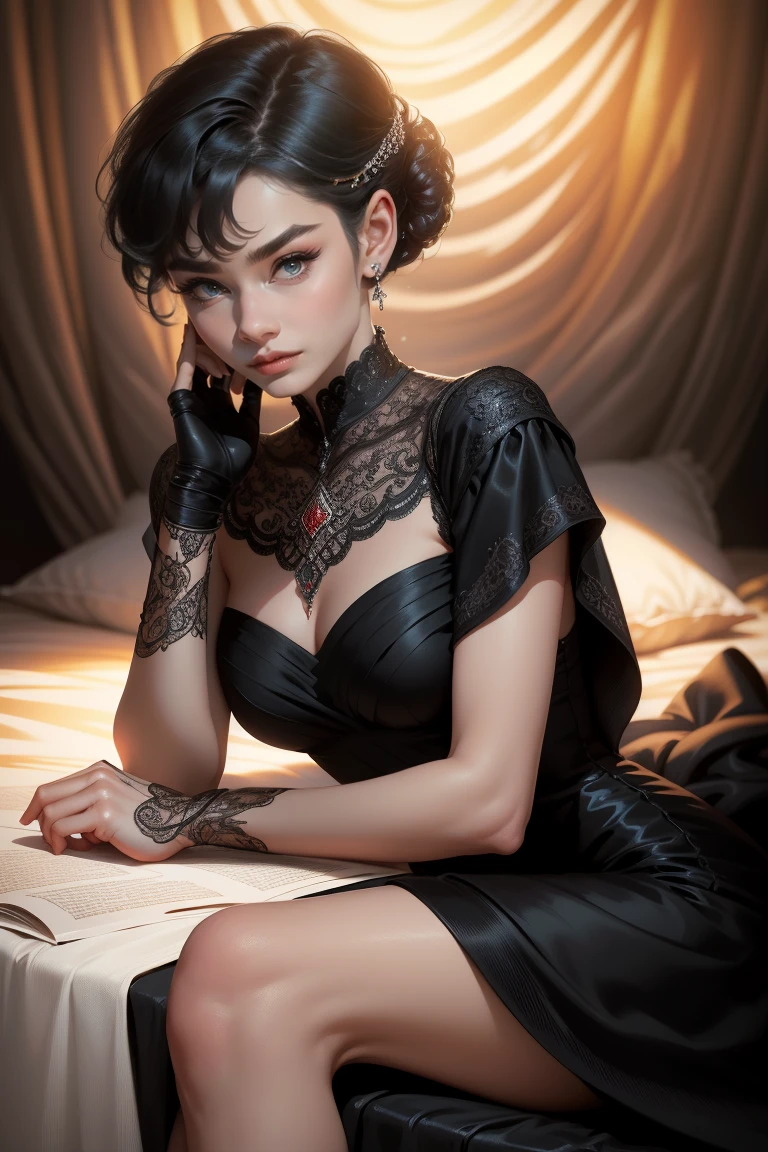 (Masterpiece - Ultra-Detailed, High Resolution) Prepare to be enchanted by a true masterpiece that combines ultra-detailed art with high-resolution rendering. This work shows a mesmerizing woman, with short, black hair, 1928s style, Audrey Hepburn (1.3) and captivating dark brown eyes (1.2), New York illustration style, wearing red lipstick, emanating an aura of elegance and mystery. Wearing classic victorian dress 1928s clothing. Intricate details and realistic textures invite you to explore every aspect of this enchanting composition. Black dress. reading, writing, walking, backwards, lying down, standing, dynamic poses, mouth closed. Different posture , dynamic poses, mouth closed. Different posture, with chin resting on shoulder. Perfect fingers. Get ready to dive into a world where beauty and craftsmanship merge perfectly.