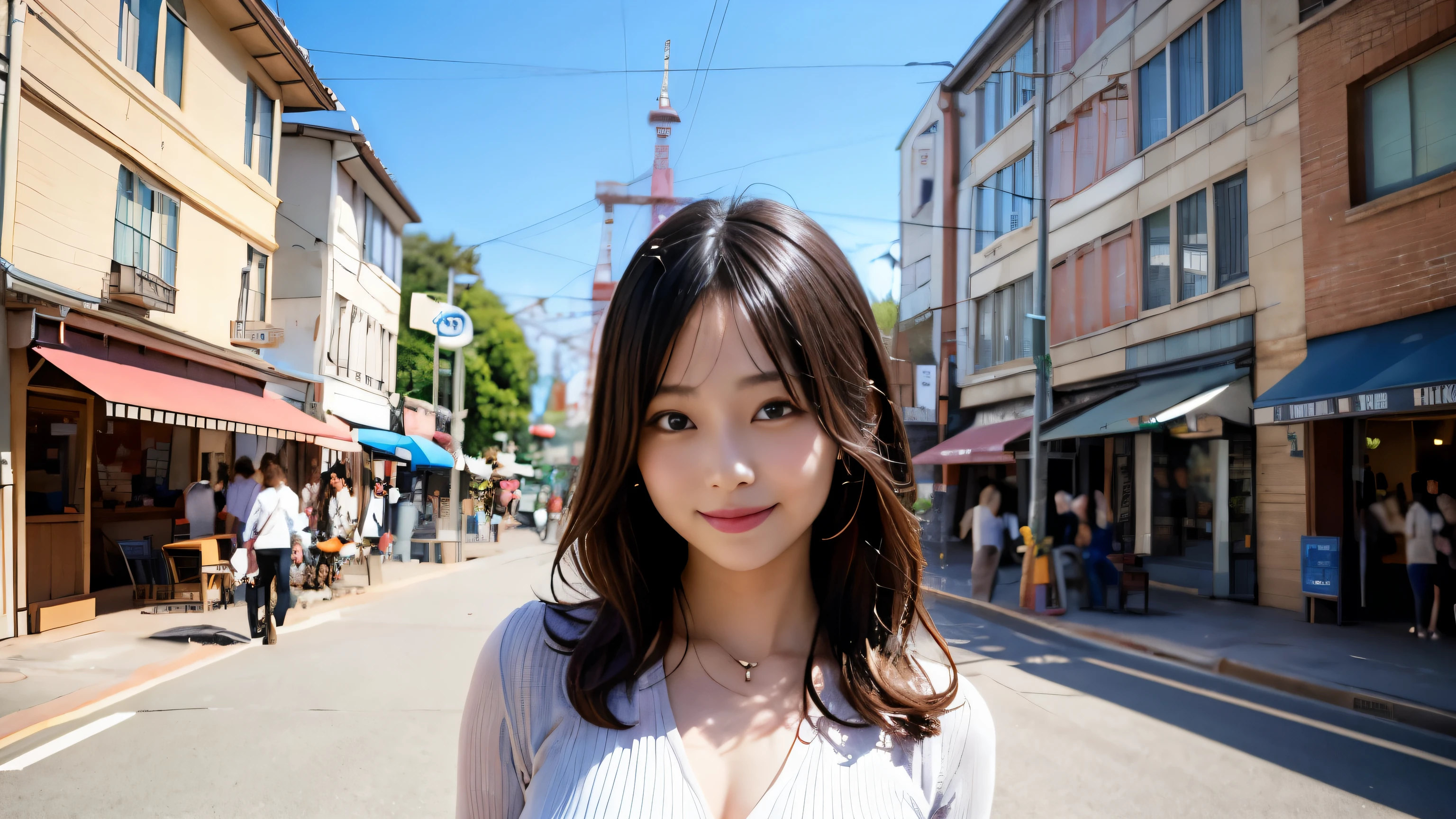 highest quality, table top, ultra high resolution, (Photoreal: 1.4), Front view, Half body, famous japanese actress, revealing clothing, very beautiful woman, cute, Cinematic 35mm lens, f/1 .8, Beautiful double eyes with equal left and right eyes, 上Half bodyショット,amusement park,Looks like a fun date,smile