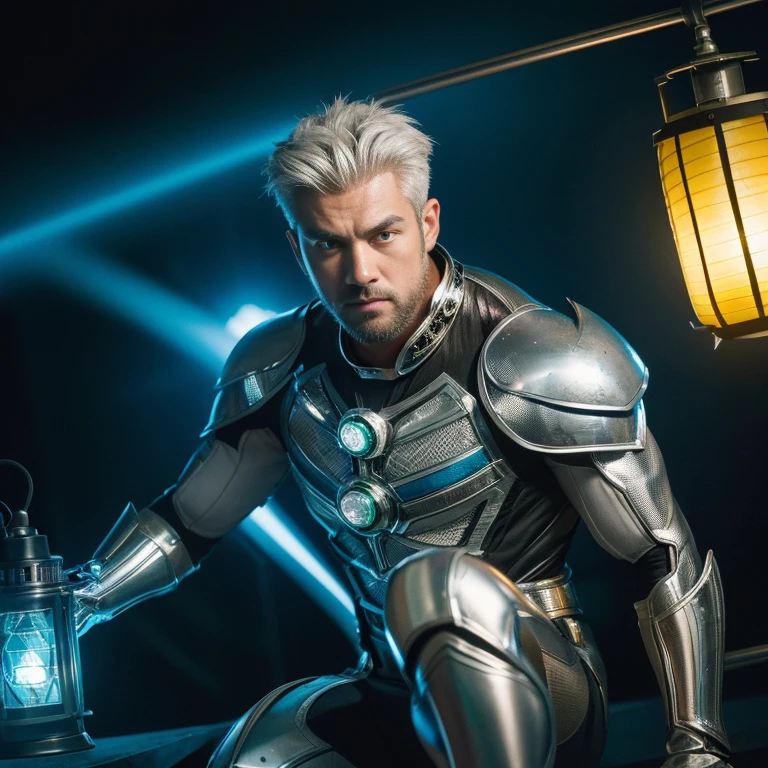 An award-winning original photo, A wild muscular man, (30 years old man:1.3), 1boy, Solo, (wearing a (silver lantern) metal suit), (glowing silver ring on a finger), spikes, neon stripes, white hair, (big shoulder), muscular, hunk, stubbles, Short beard, (Detailed face:1.3), (beautiful eyes:1.2), Dynamic Angle, volumetric lighting, (Best quality, A high resolution, Photorealistic), Cinematic lighting, Masterpiece, RAW photo, Intricate details, hdr, depth of field, knee-up shot, in space background, beautiful cosmos, energy strands around body


