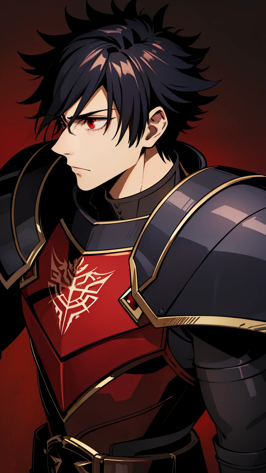 (high-quality, breathtaking),(expressive eyes, perfect face) 1boy, male, solo, young adult, medium hair length, spiky hair, soft wave, black hair color, red highlights in hair, deep red eye color, background, calm expression, mature, kind expression, haunting red background, armor, onyx black armor with red trim, midnight dark armor with red cracks engraved in the exterior, red lines on armor, conqueror vibe, red markings on armor, slightly narrow eyes, noble knight, narrow eyes, king chess piece, detailed eyes
